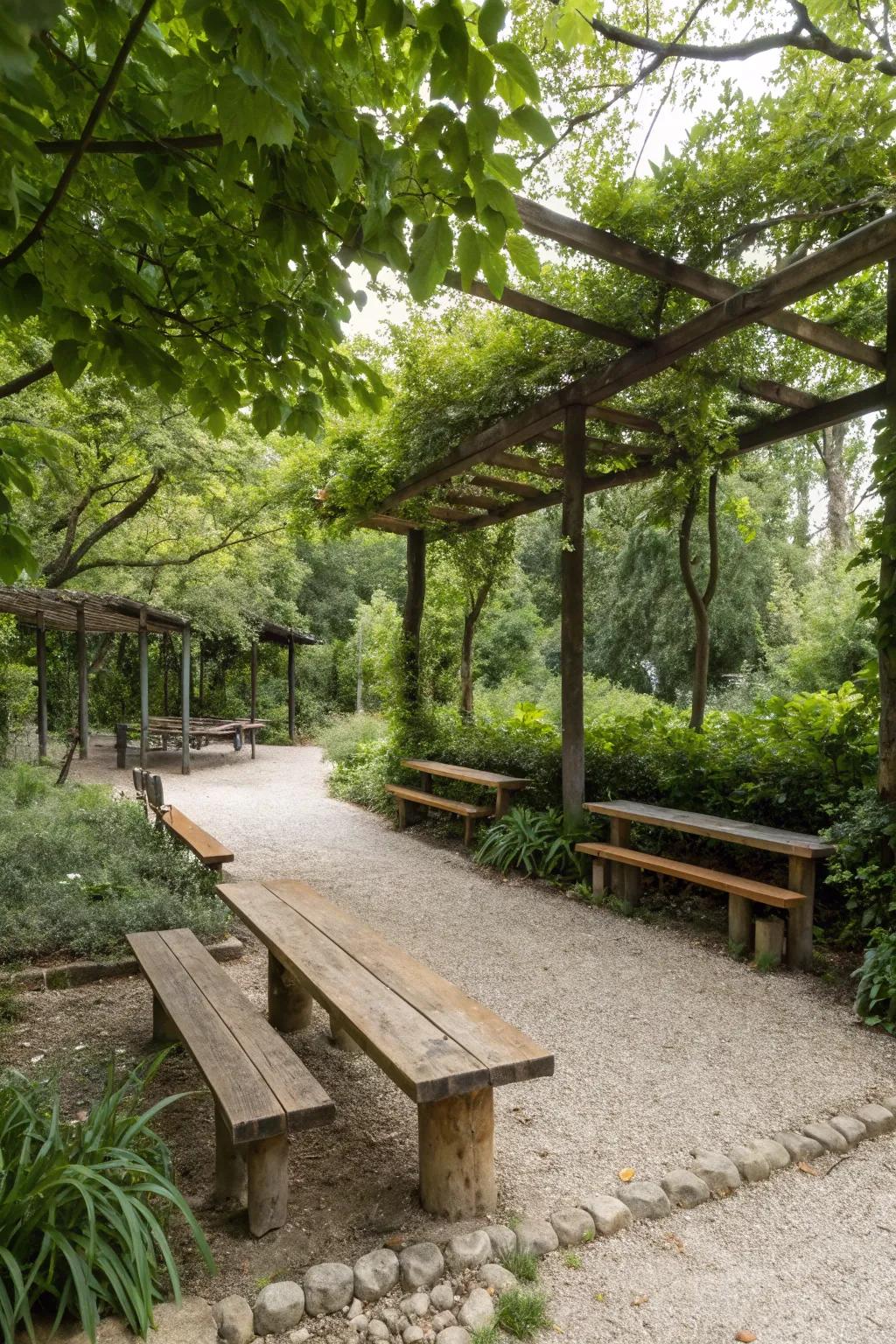 Rustic retreat with gravel and wood features.