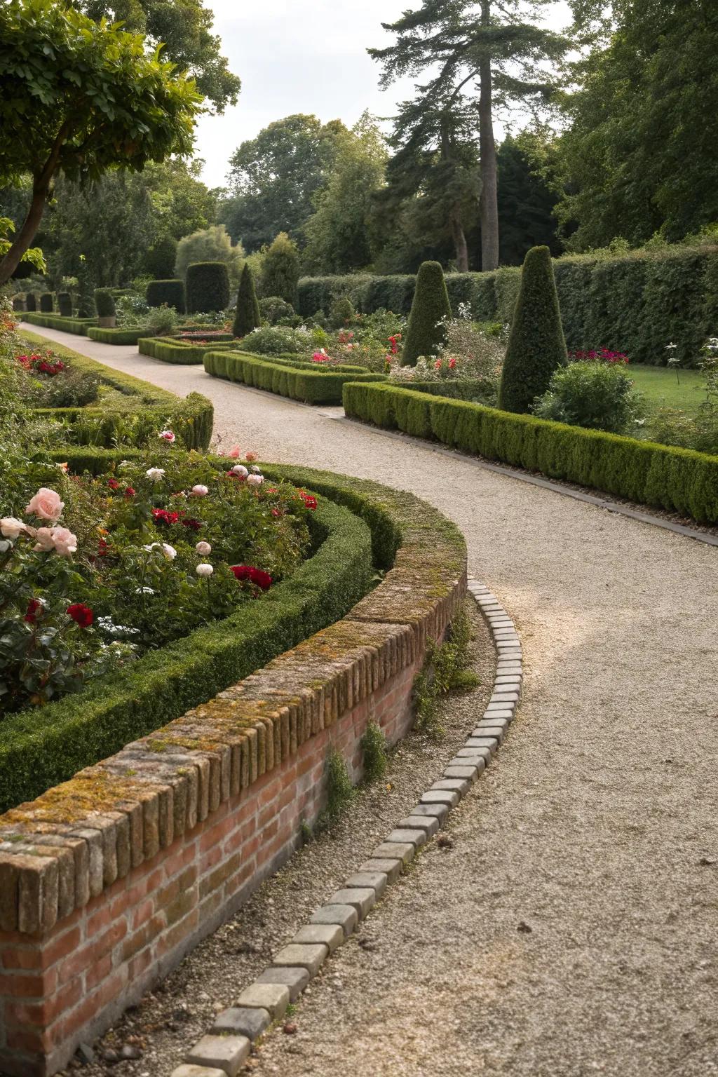 A classic gravel path with elegant brick edging