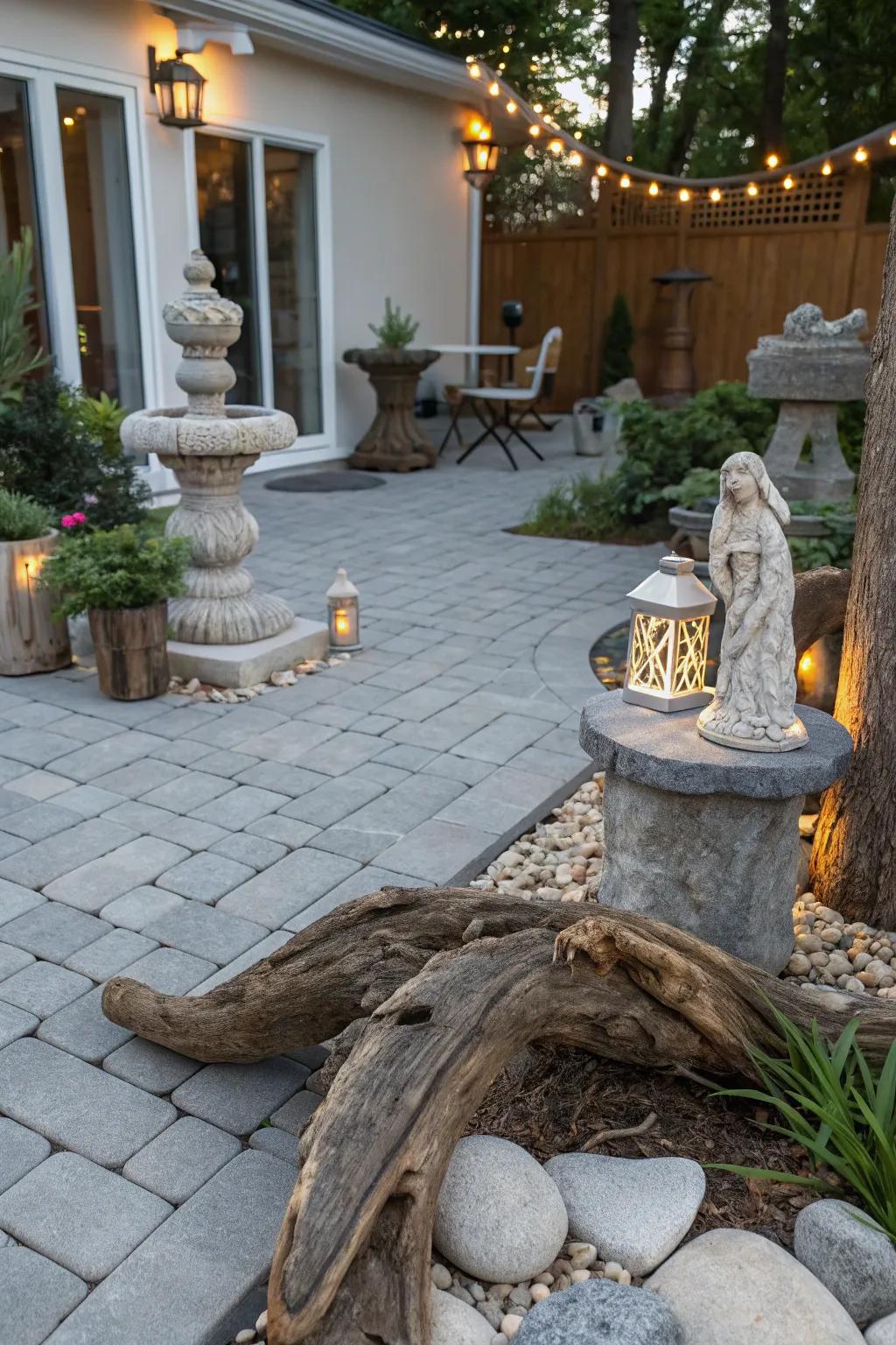 Nature-inspired decor harmonizes the gray paver patio with its surroundings.