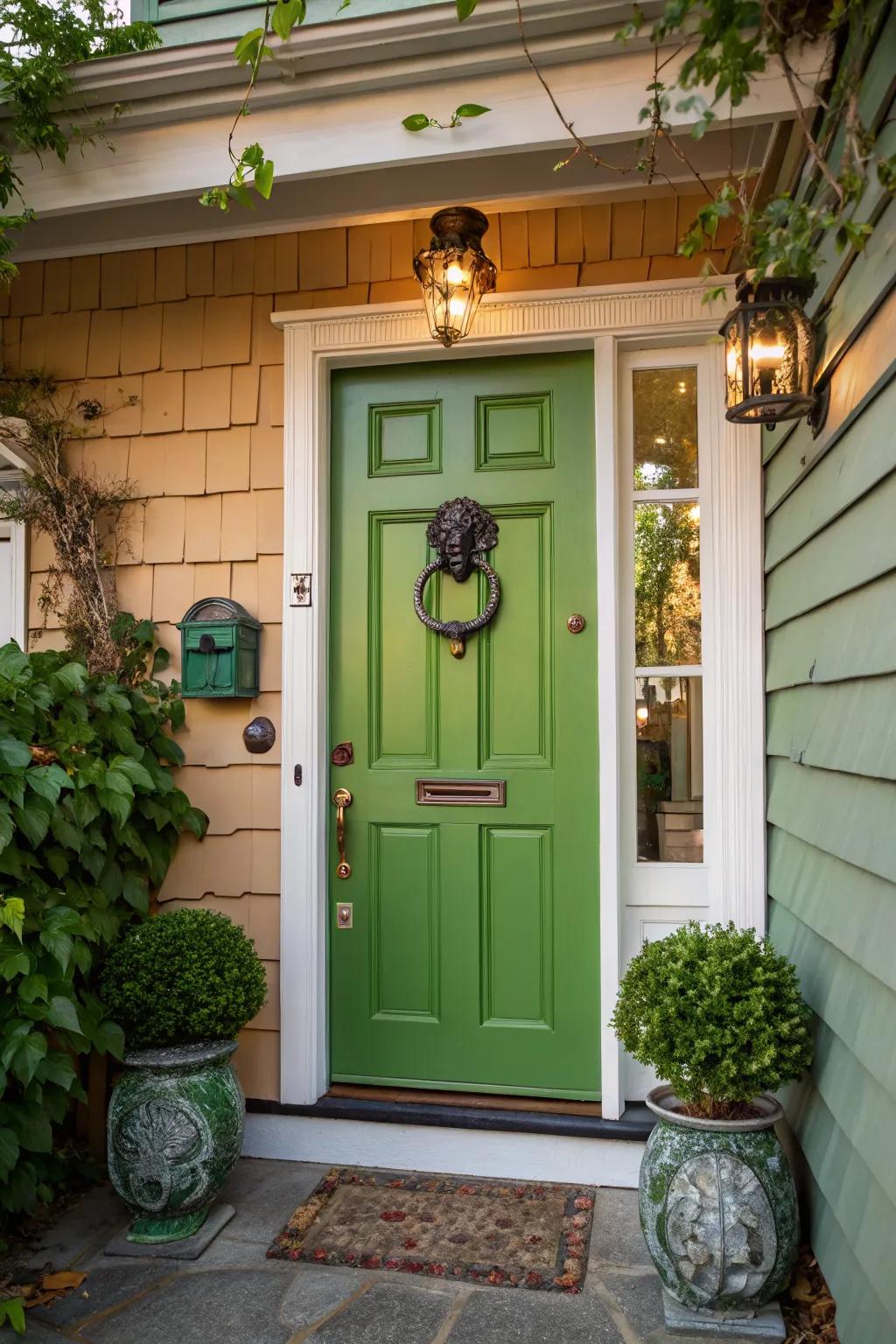 Unique door knockers add character to green doors.