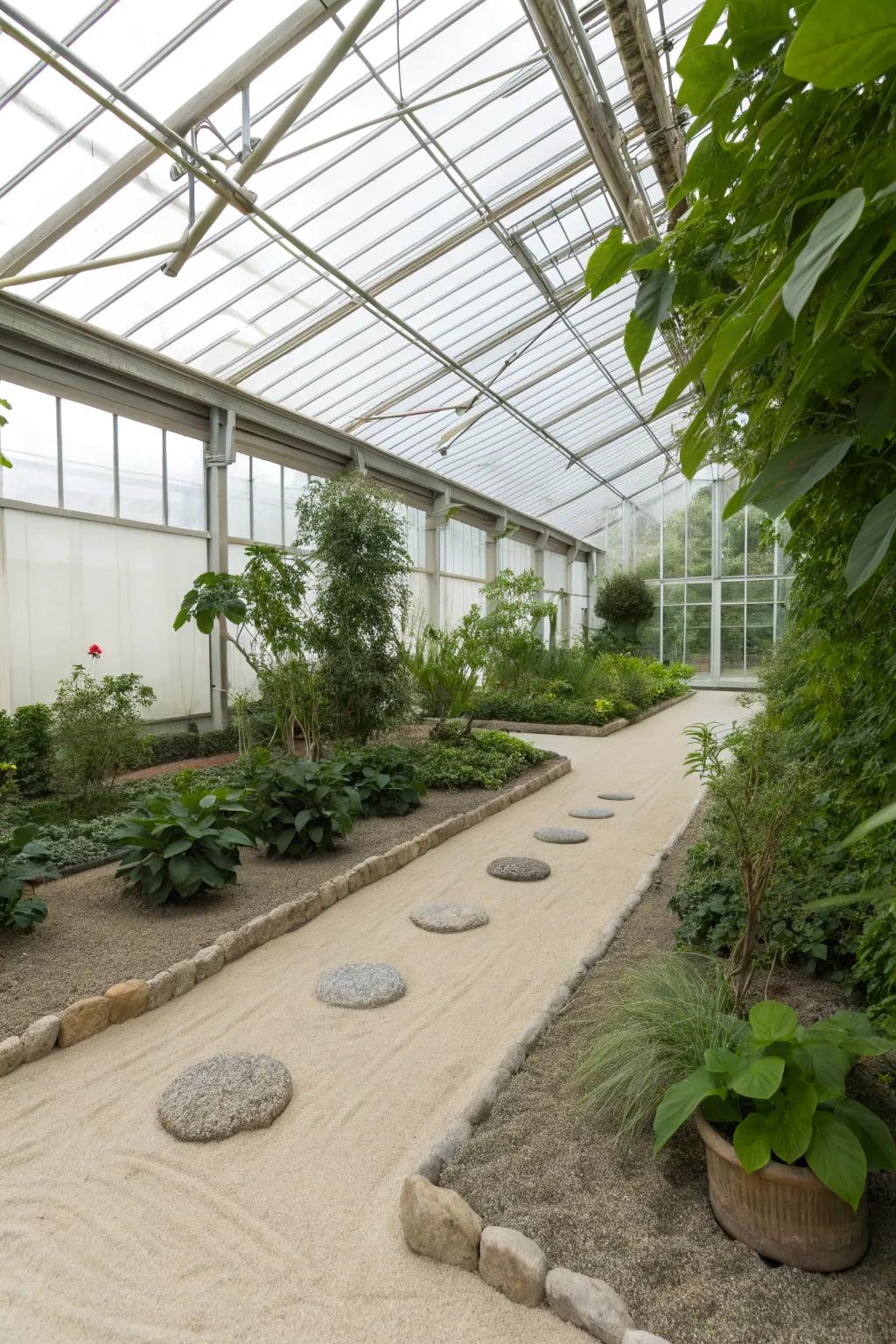 Opt for simplicity with a sand base for your greenhouse.