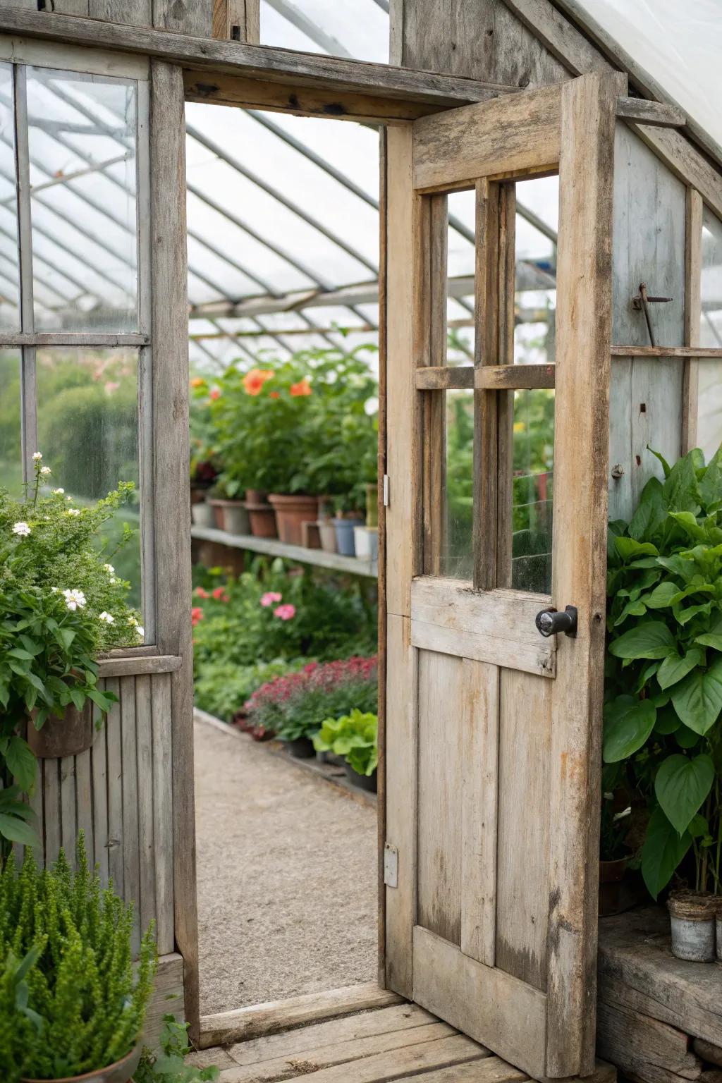 Infuse your greenhouse with character using reclaimed wood doors.