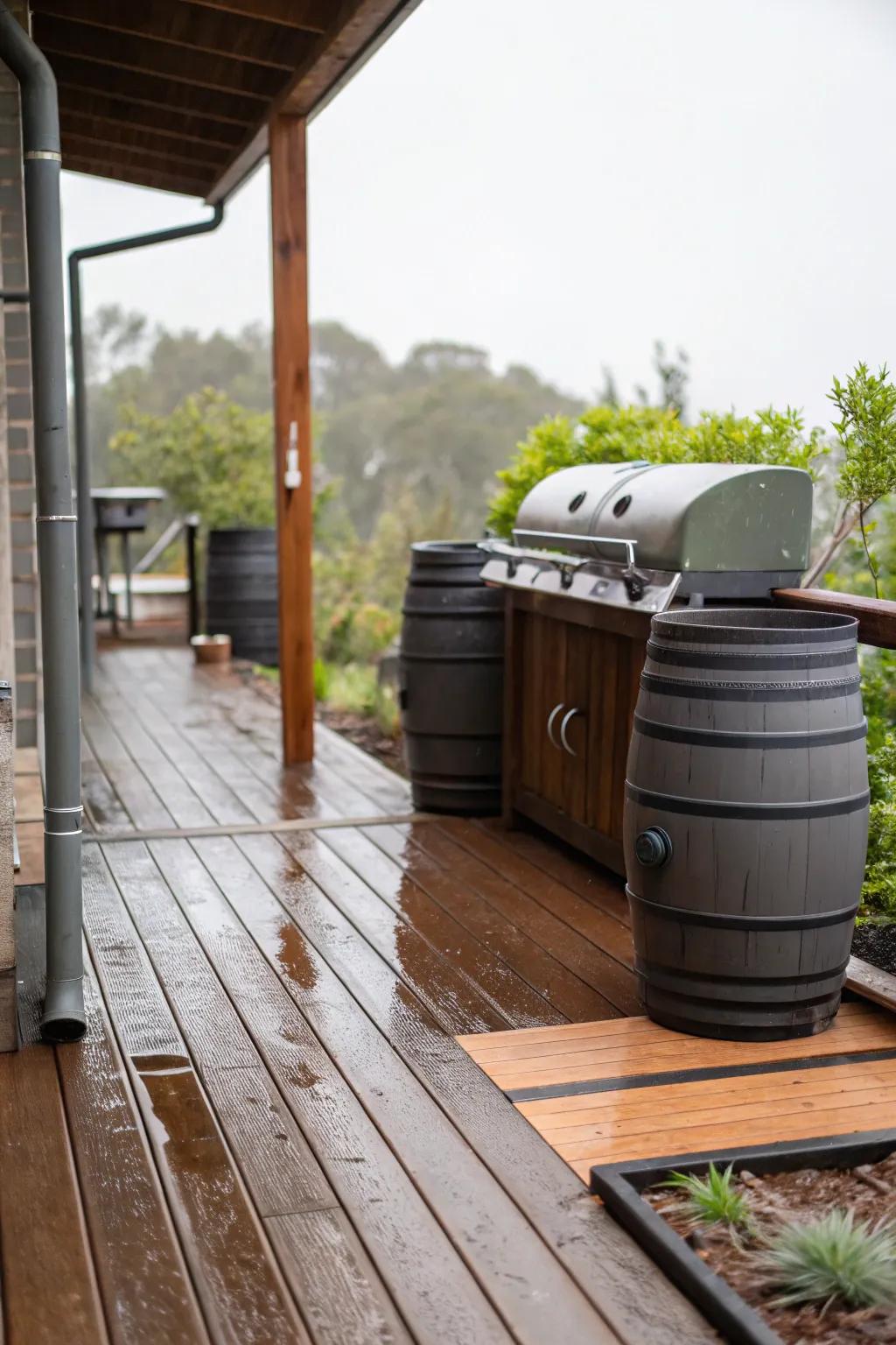 A sustainable rainwater collection system discreetly positioned on the deck.