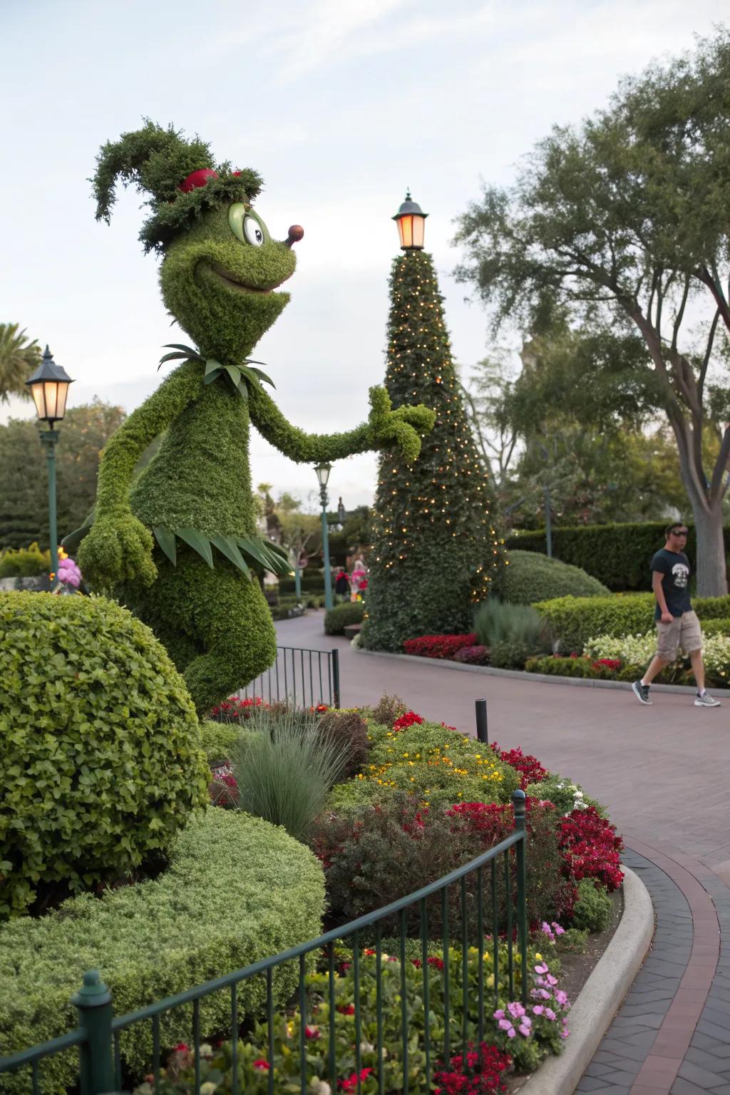A Grinch-themed topiary adds elegance and whimsy to the garden.