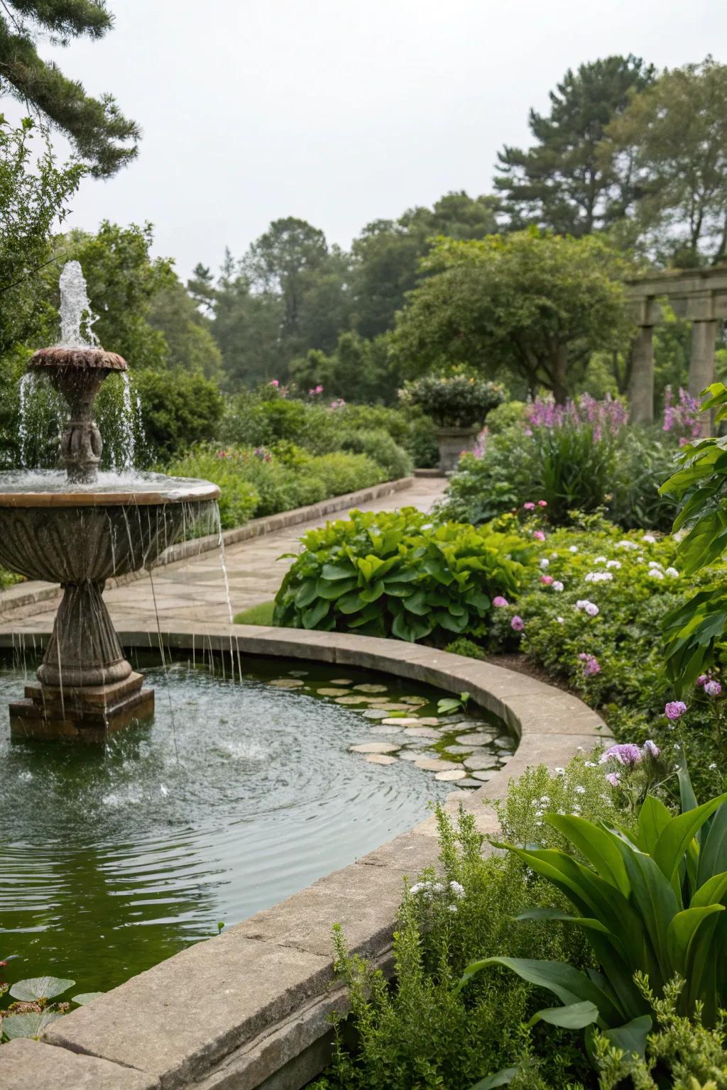 Water features transform gardens into tranquil retreats.