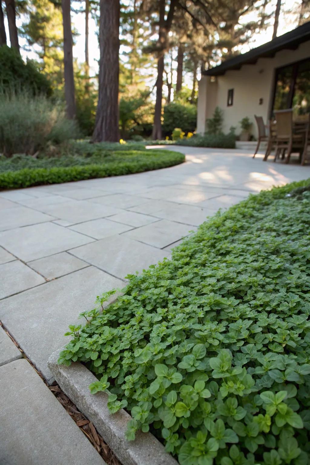 Patio area surrounded by the fragrant delight of Corsican mint