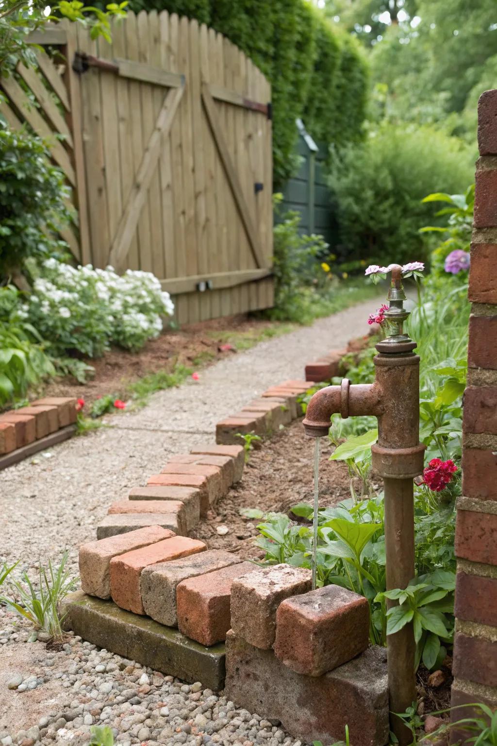 Repurposed bricks add classic touches to splash blocks.