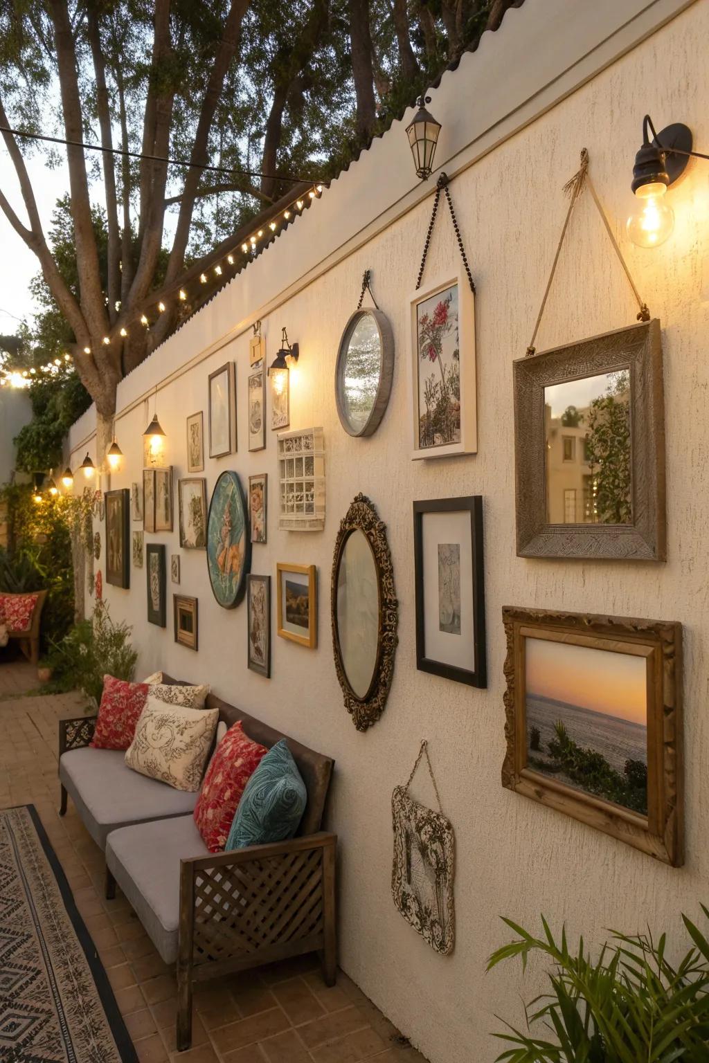 A personalized wall with artwork and mirrors adds depth to the patio.