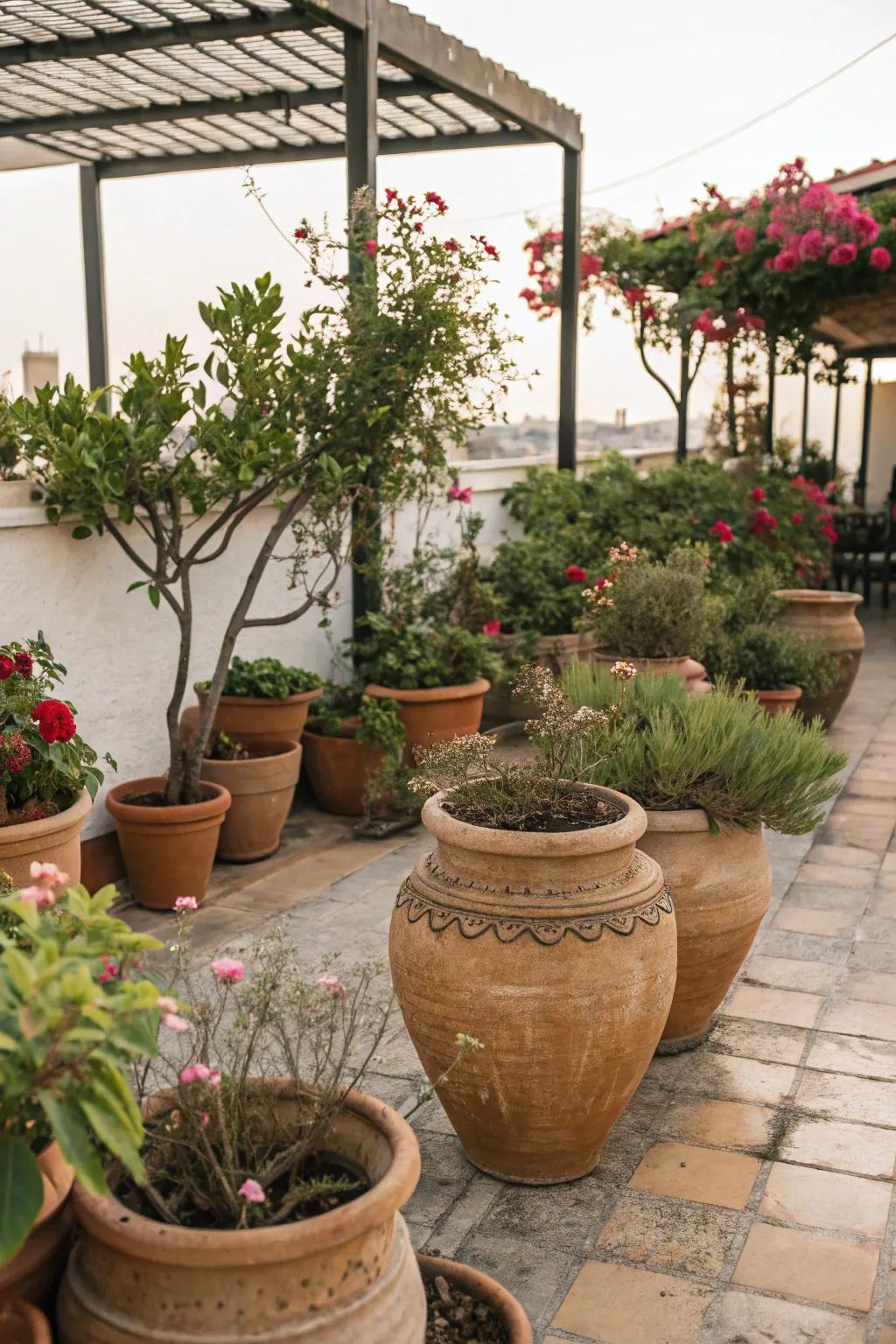 Clay pots add a natural and rustic touch to the patio.