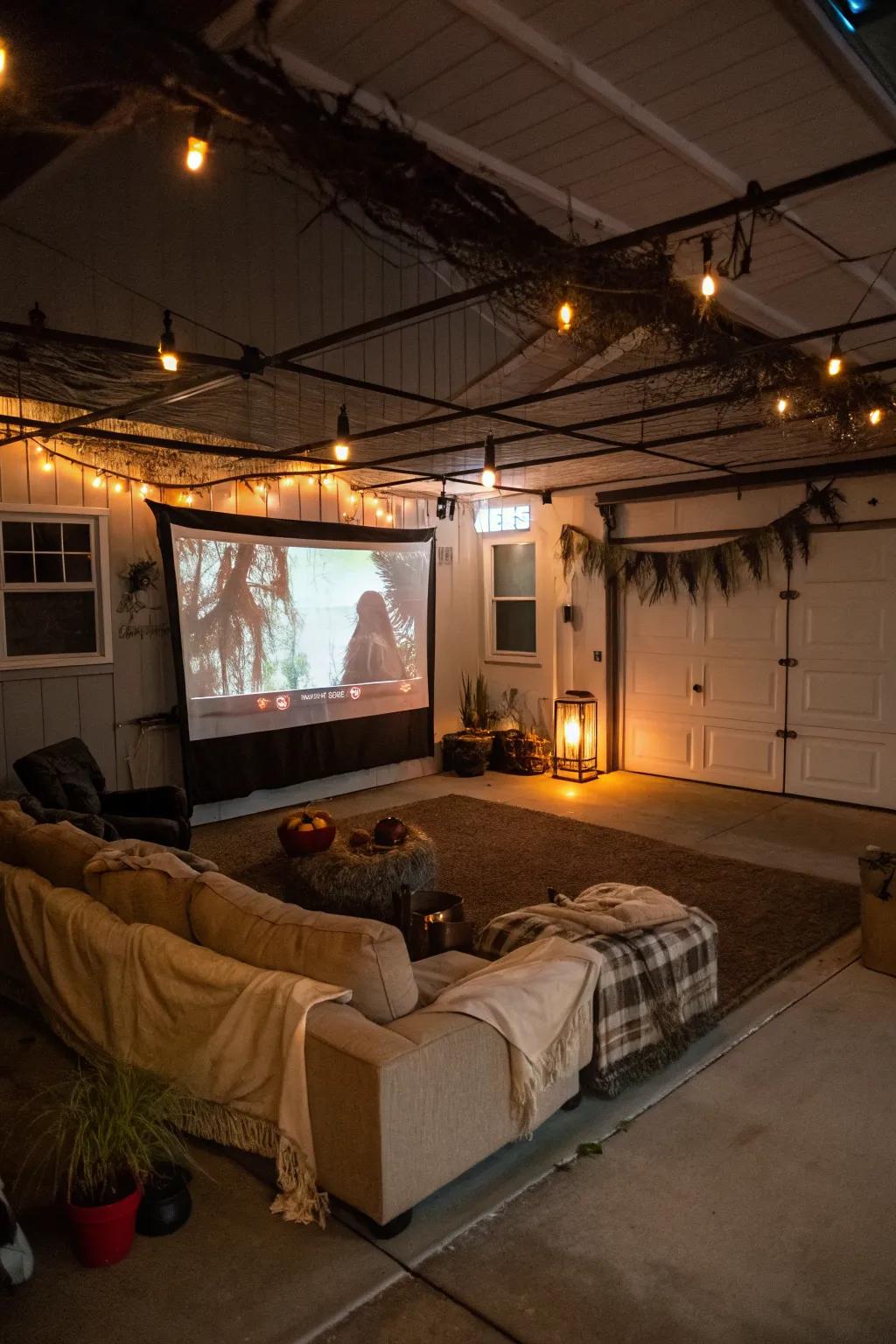 Turn your garage into a spooky cinema for Halloween.