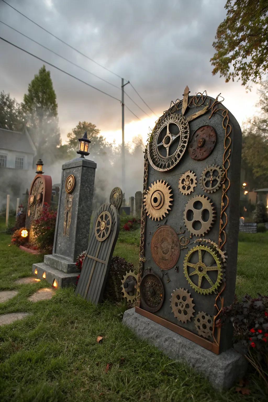 Steampunk gravestones offer a unique and imaginative Halloween style.