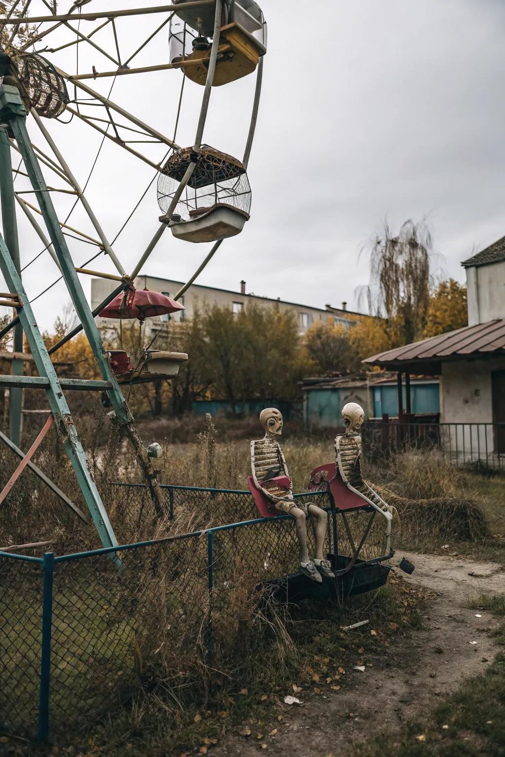 A Ferris wheel full of skeletons brings a whimsical touch to your Halloween display.