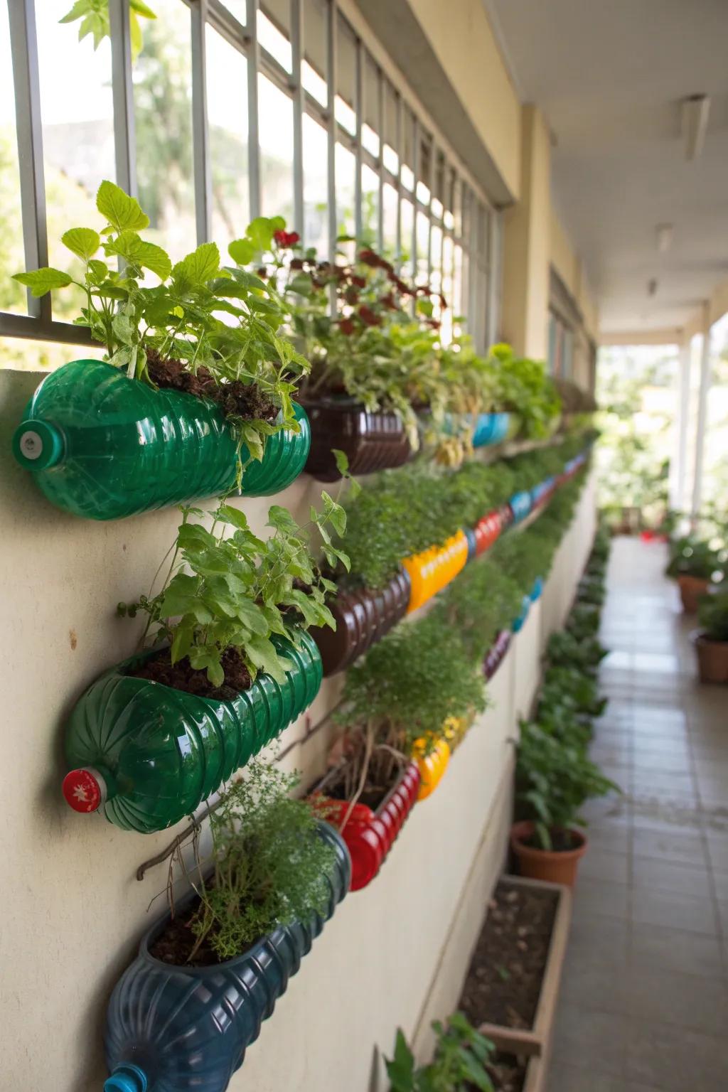 Recycled plastic bottles form an eco-friendly vertical garden.