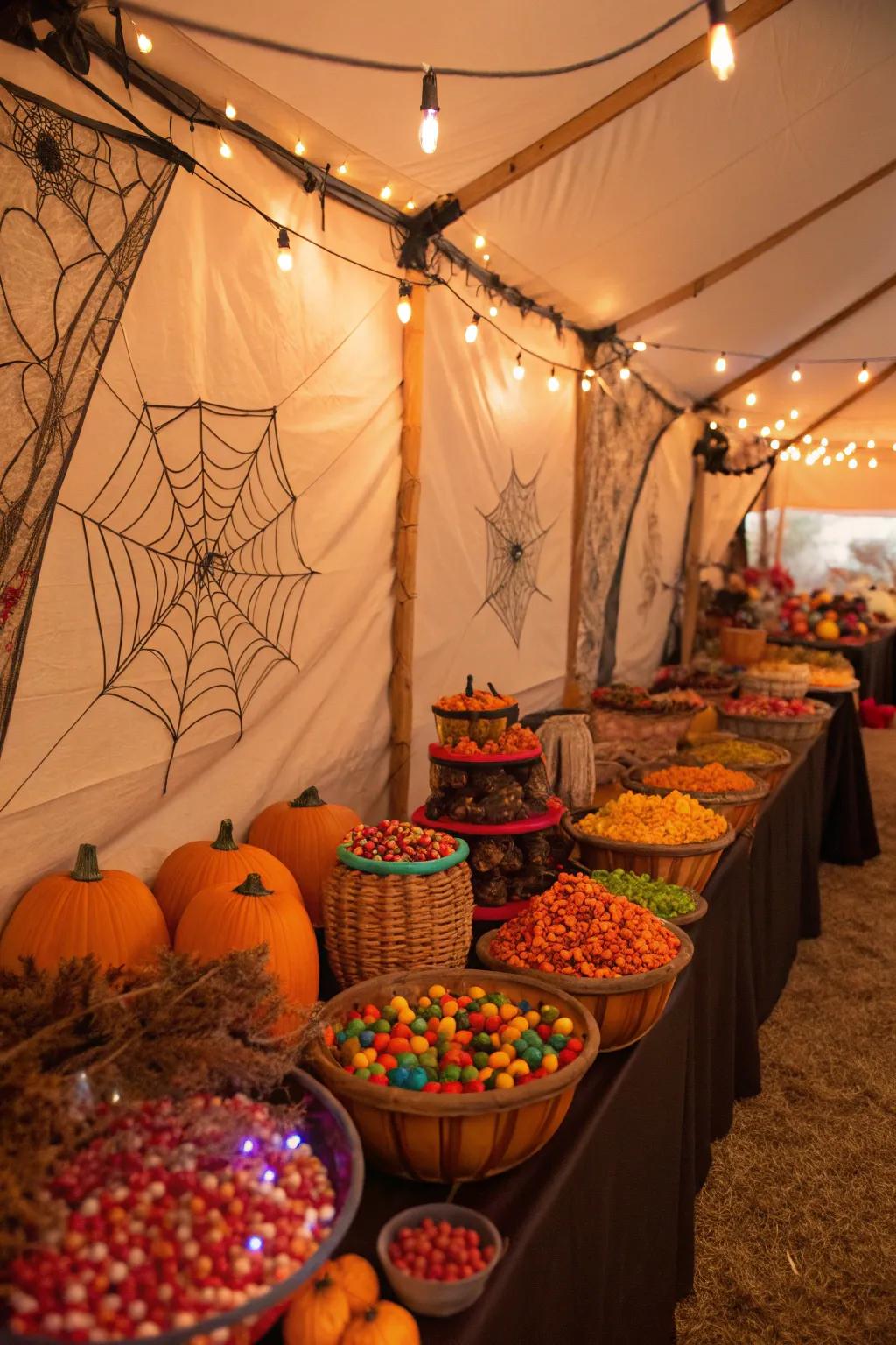 Trick-or-treat stations offer sweet delights for guests.