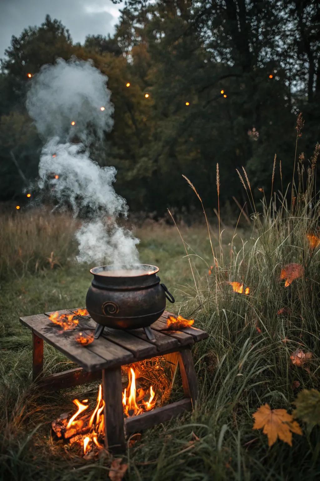 A bubbling witch's cauldron adds a magical, eerie element to your yard.