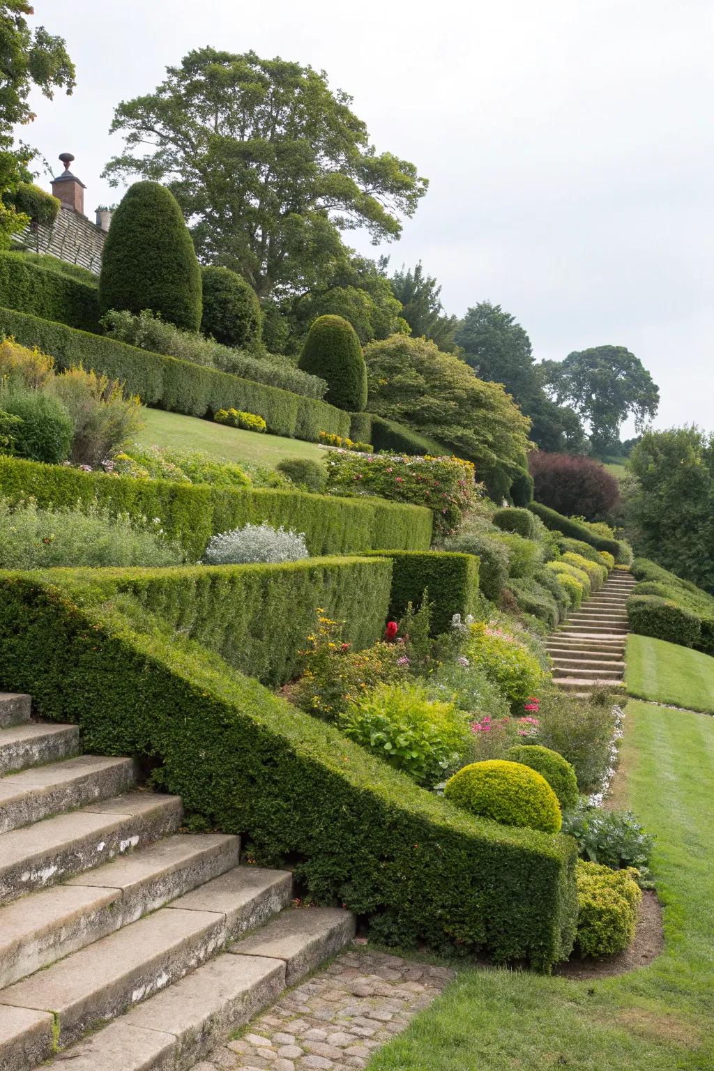 Tiered hedges bring structure and elegance to sloped gardens.