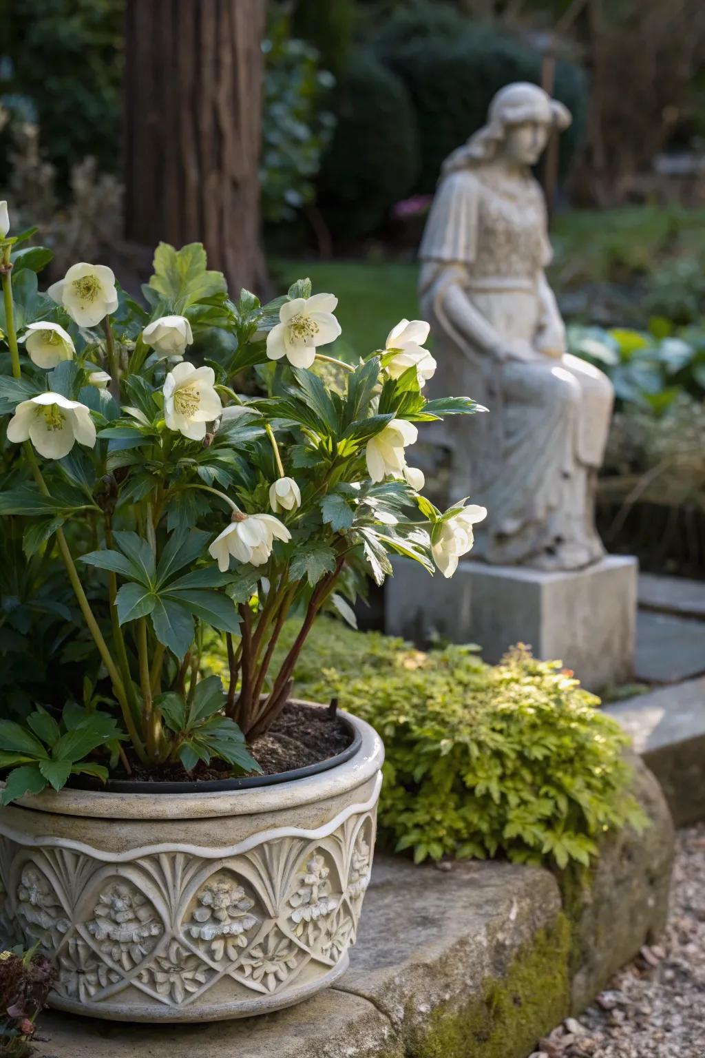 Artistic sculptures paired with hellebores create an enchanting garden tableau.