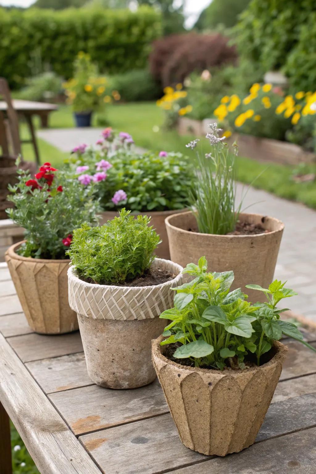Sustainable gardening with eco-friendly herb pots.