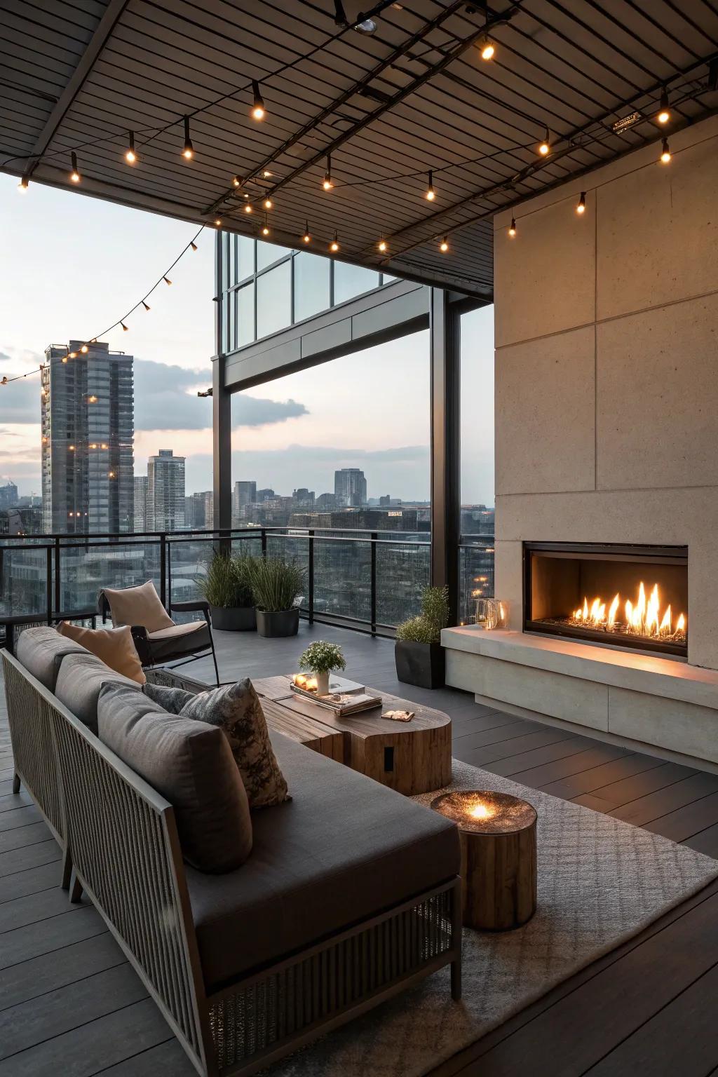 A chic fireplace brings warmth and style to this high-rise balcony.