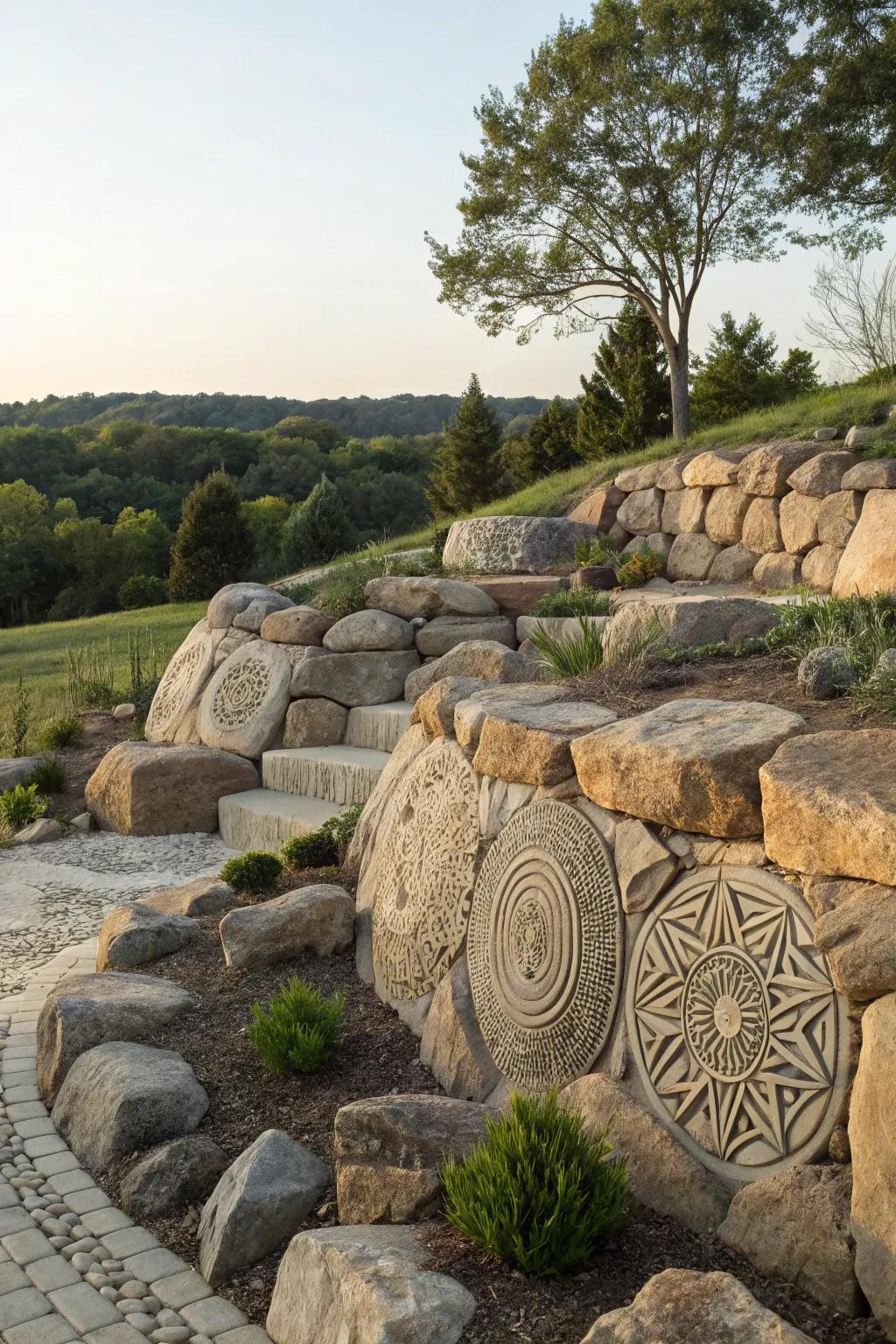 An artistic boulder wall that stands out with unique stone arrangements.