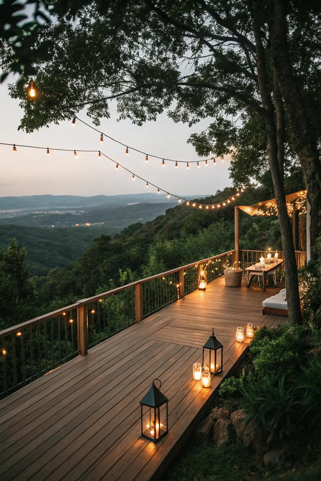 Lighting adds magic and warmth to a deck during the evening.