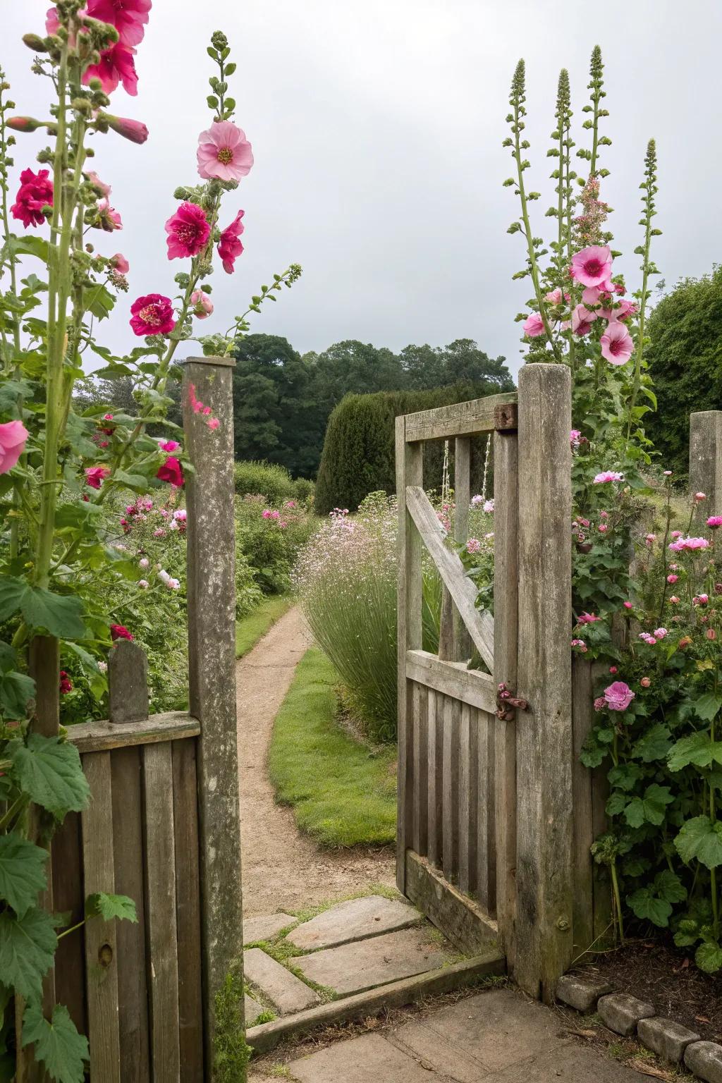 A grand garden entrance framed by stately hollyhocks.