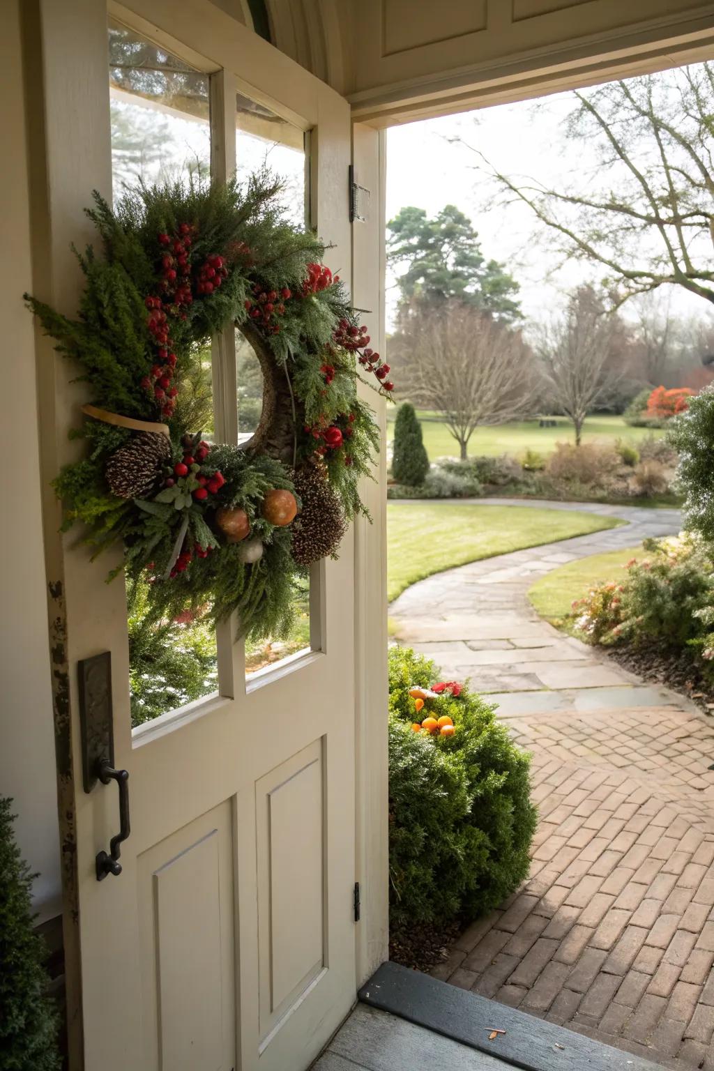 A seasonal wreath adding a welcoming touch to the front door.