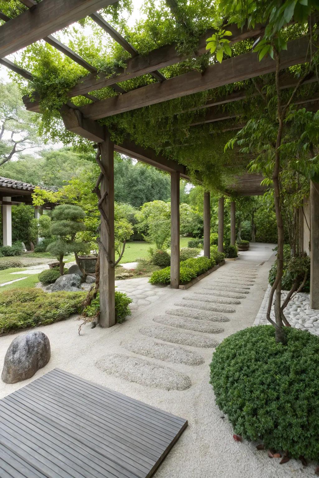 A tranquil pergola setting with honeysuckle vines and a serene Zen garden below.