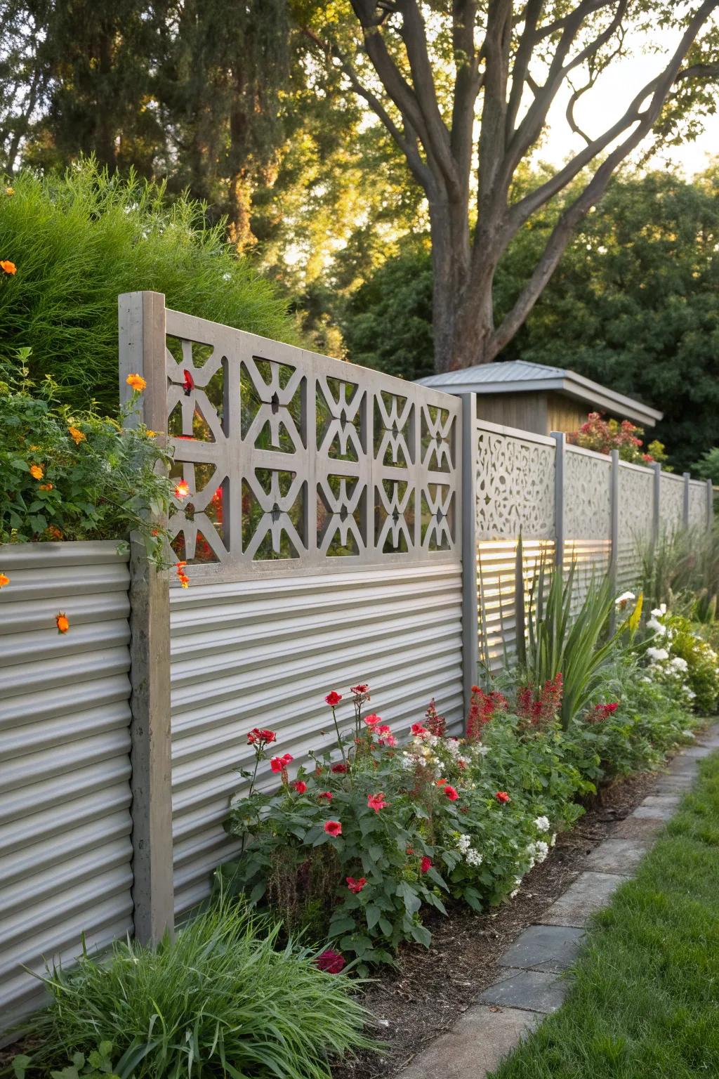 Geometric cutouts add an unexpected twist to a horizontal corrugated metal fence.