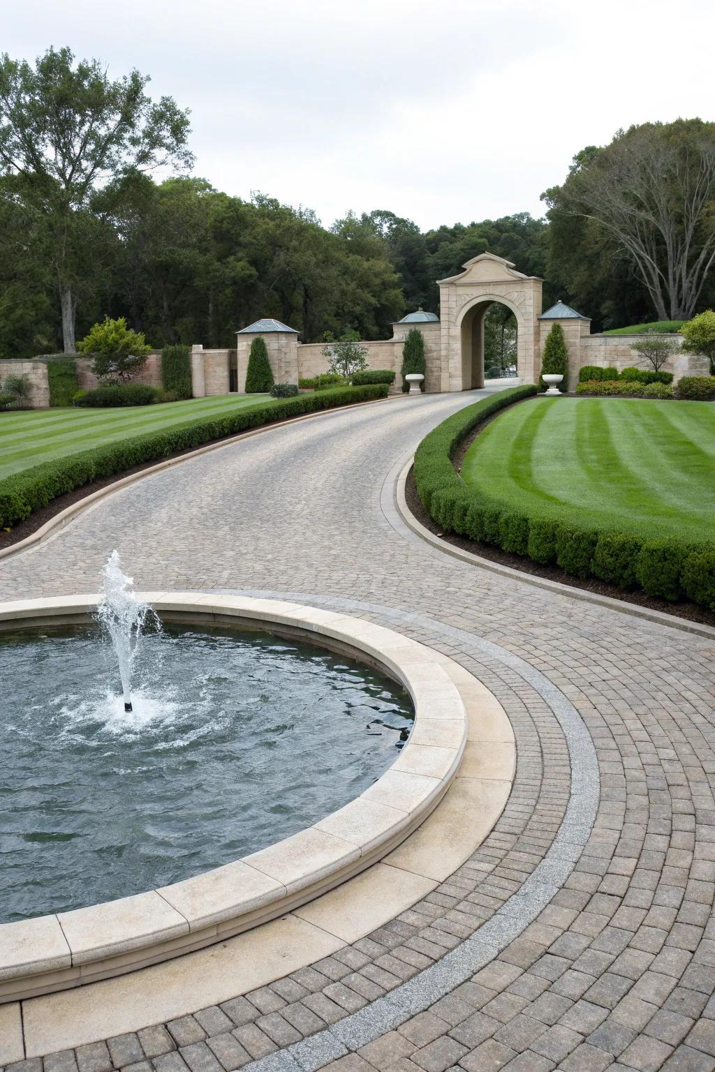 A soothing water feature in the center of a horseshoe driveway.
