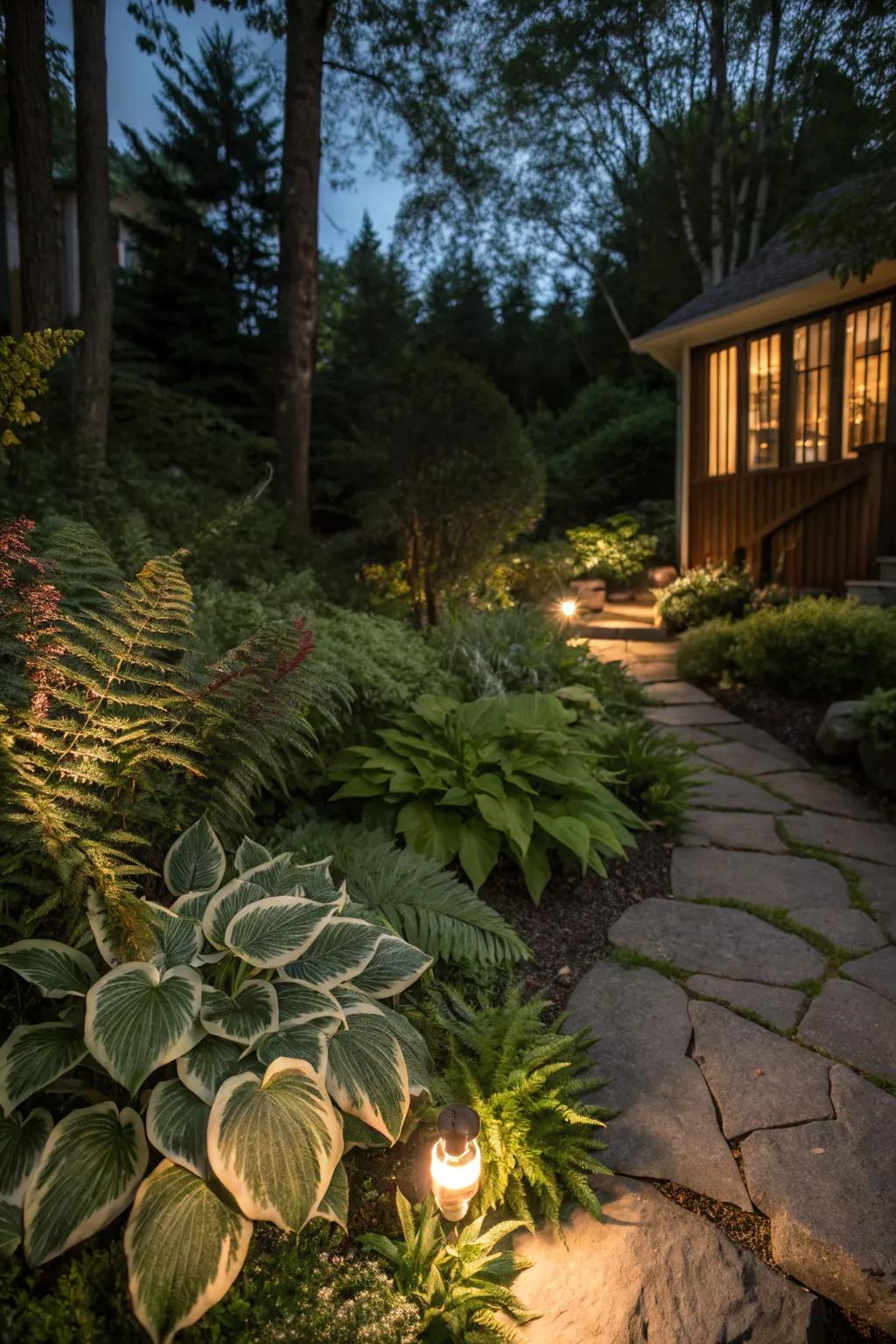 Evening lighting enhancing the elegance of hostas and ferns.