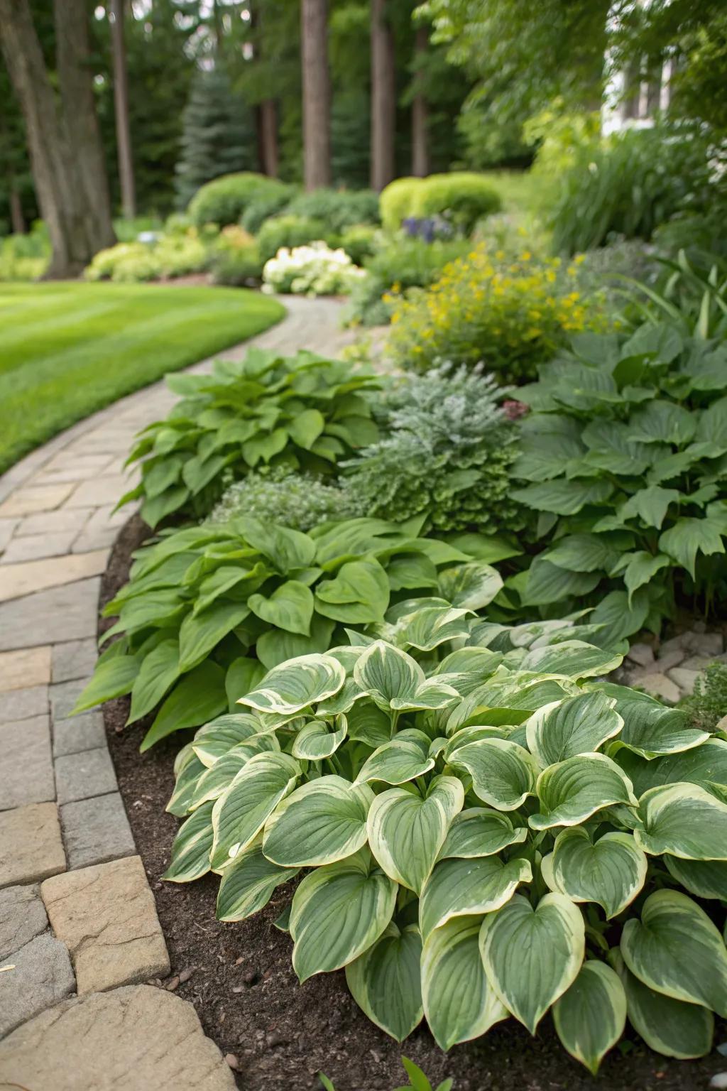 Hostas and groundcovers create a seamless and textured garden appearance.