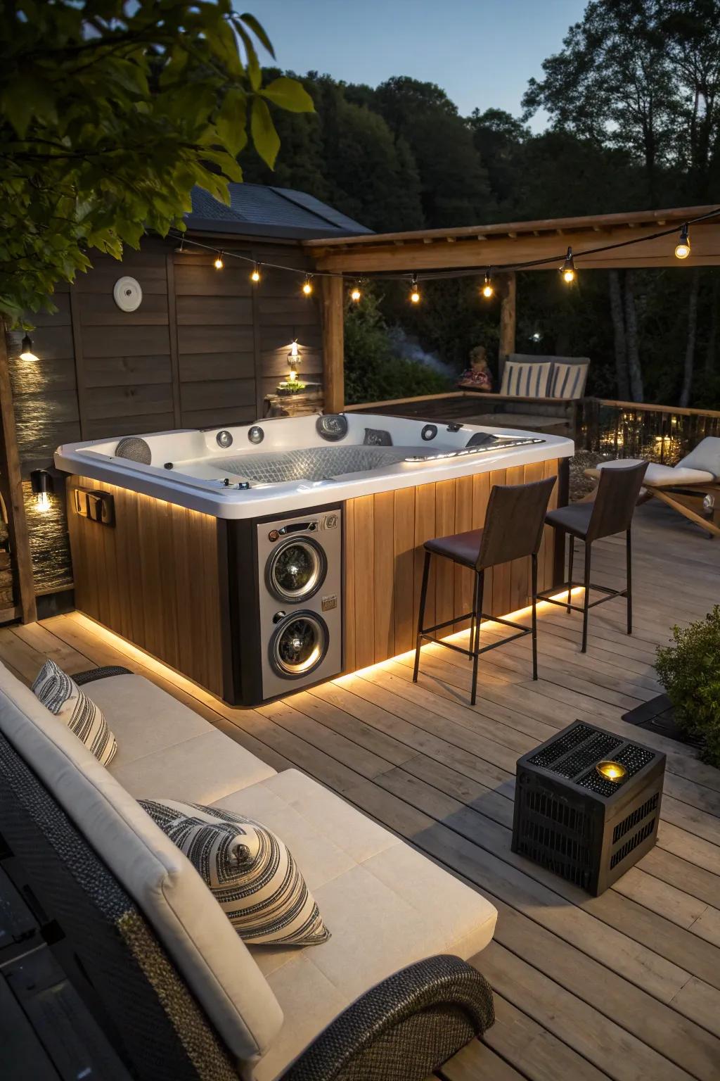 A built-in sound system elevates your hot tub experience with music.