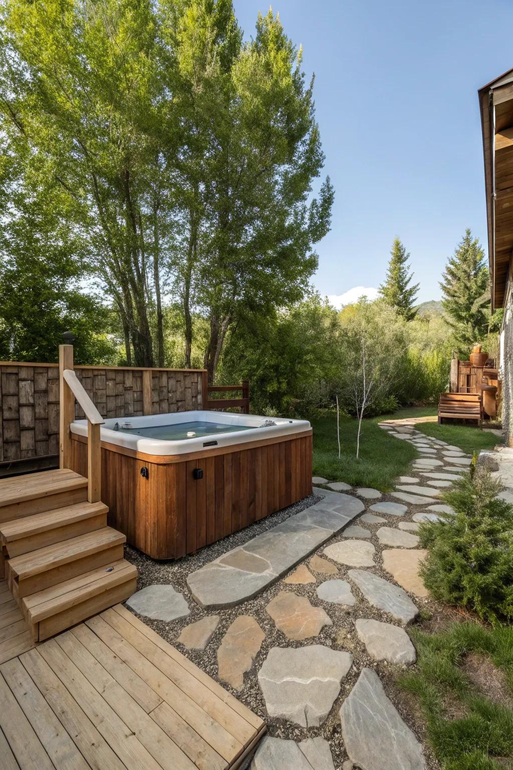 Natural materials create an organic and harmonious hot tub environment.