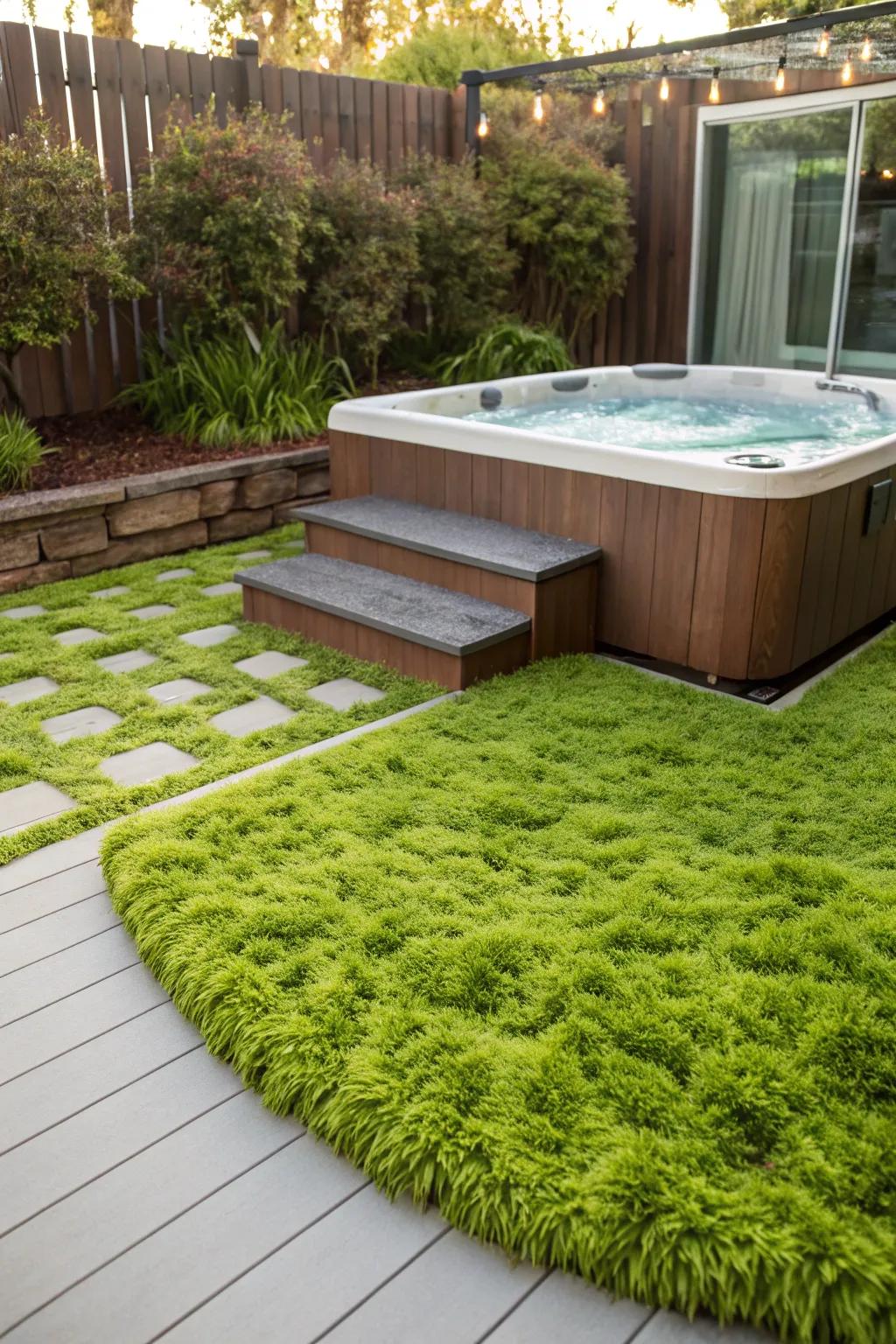 Artificial grass provides a lush and maintenance-free base for your hot tub.