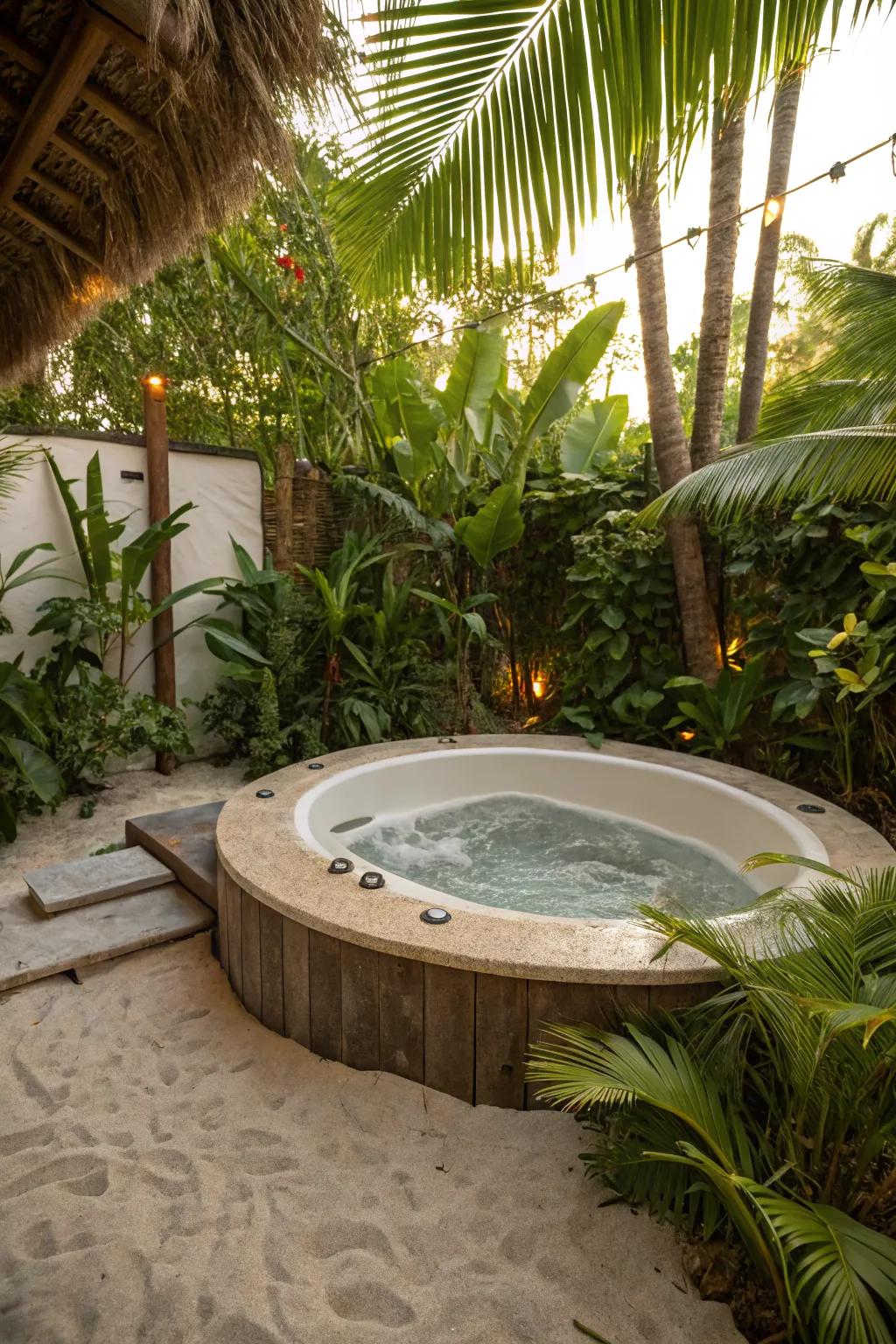 Beach-inspired elements bring a vacation feel to your hot tub area.