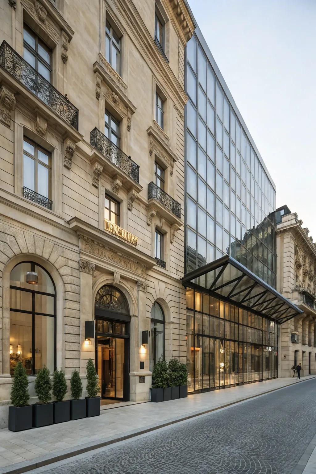 Blending old and new creates a unique and charming hotel facade.