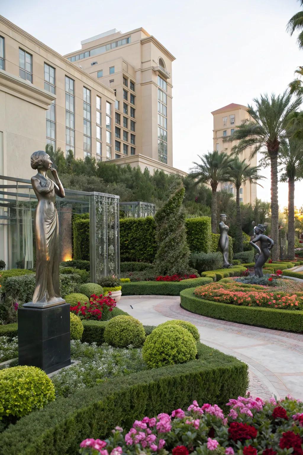 Sculptural elements add artistic flair to gardens.