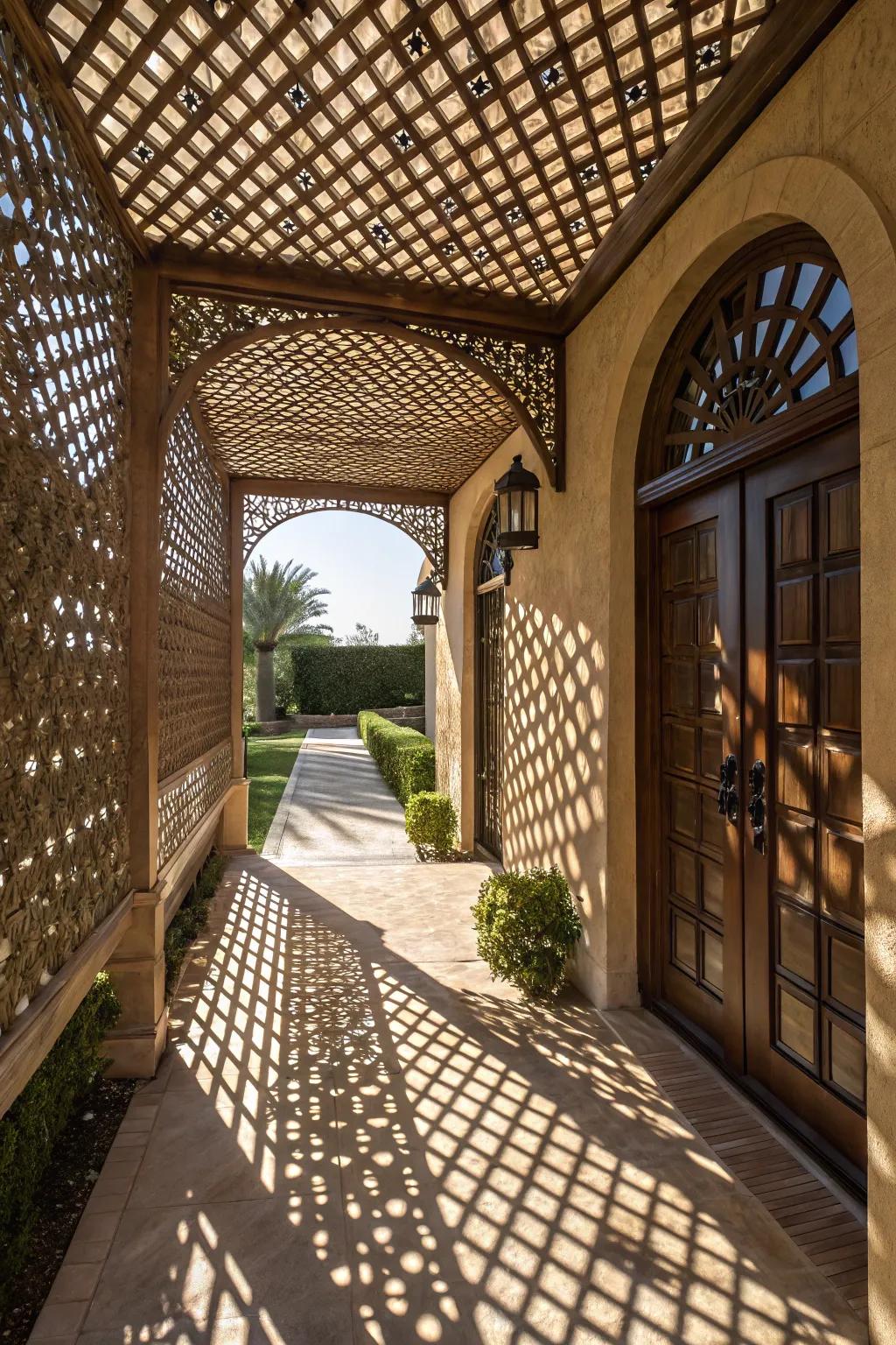 A lattice canopy that dances with light and shadow.