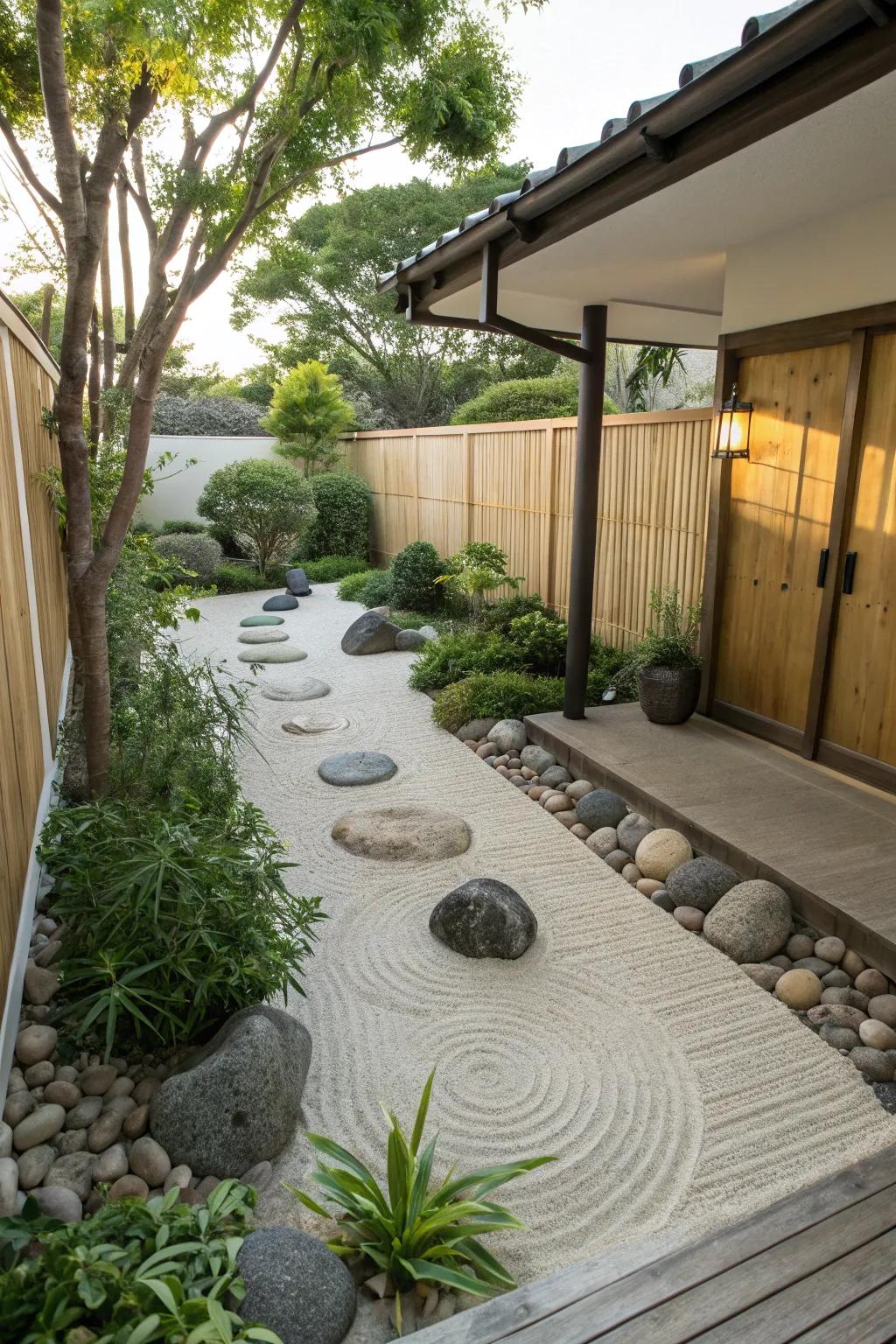 A Zen garden brings tranquility to the patio.