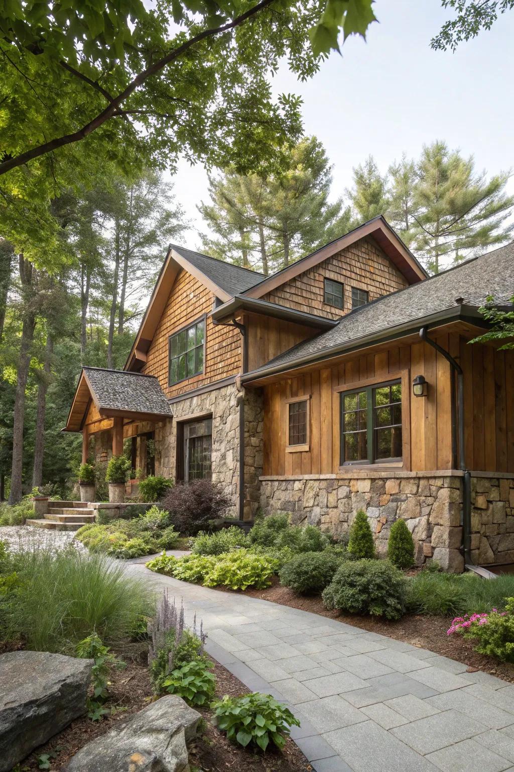 A house elegantly combining wood siding with natural stone accents.