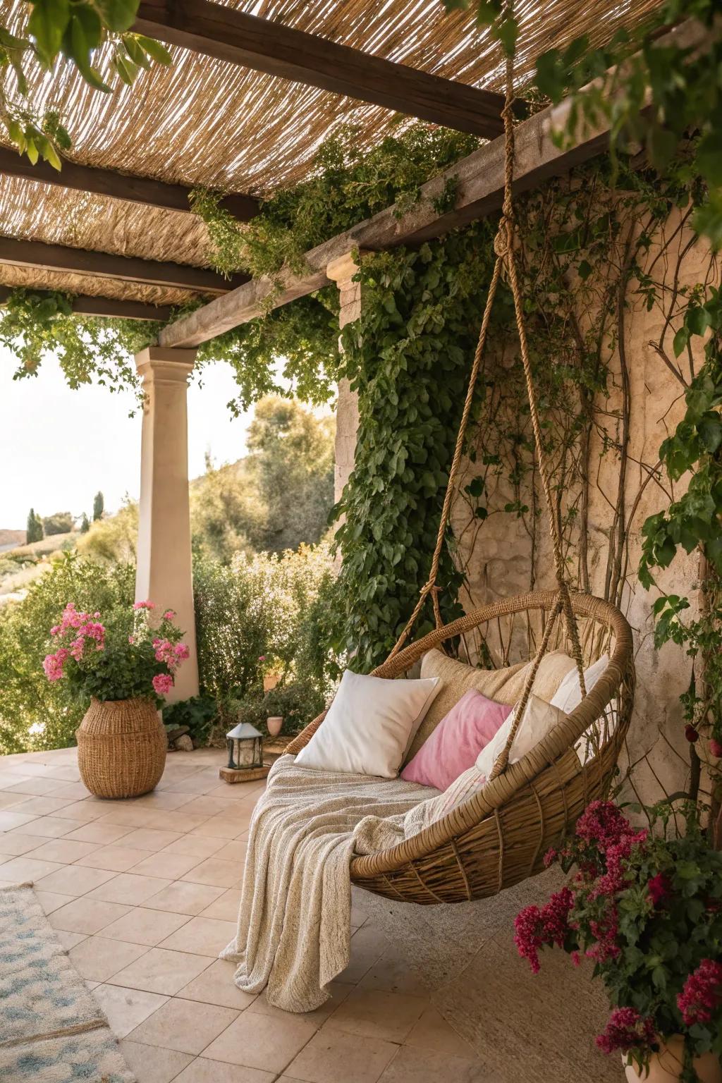 A wicker swing offers cozy relaxation.