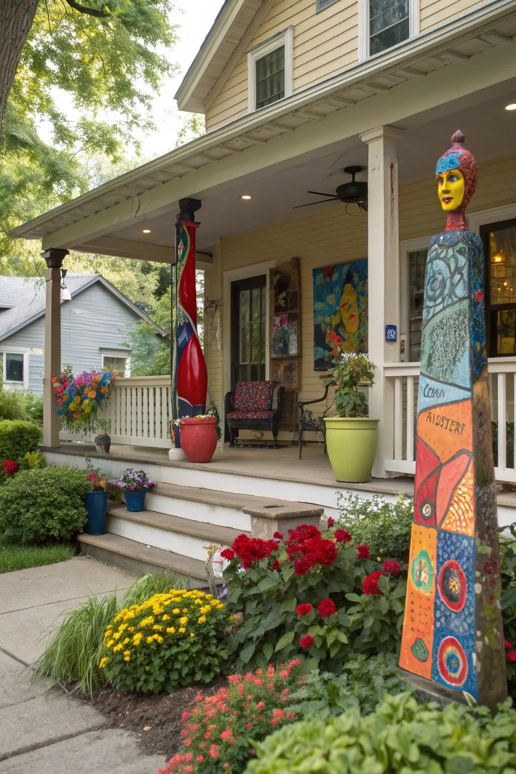 A front porch elevated with stylish art pieces.