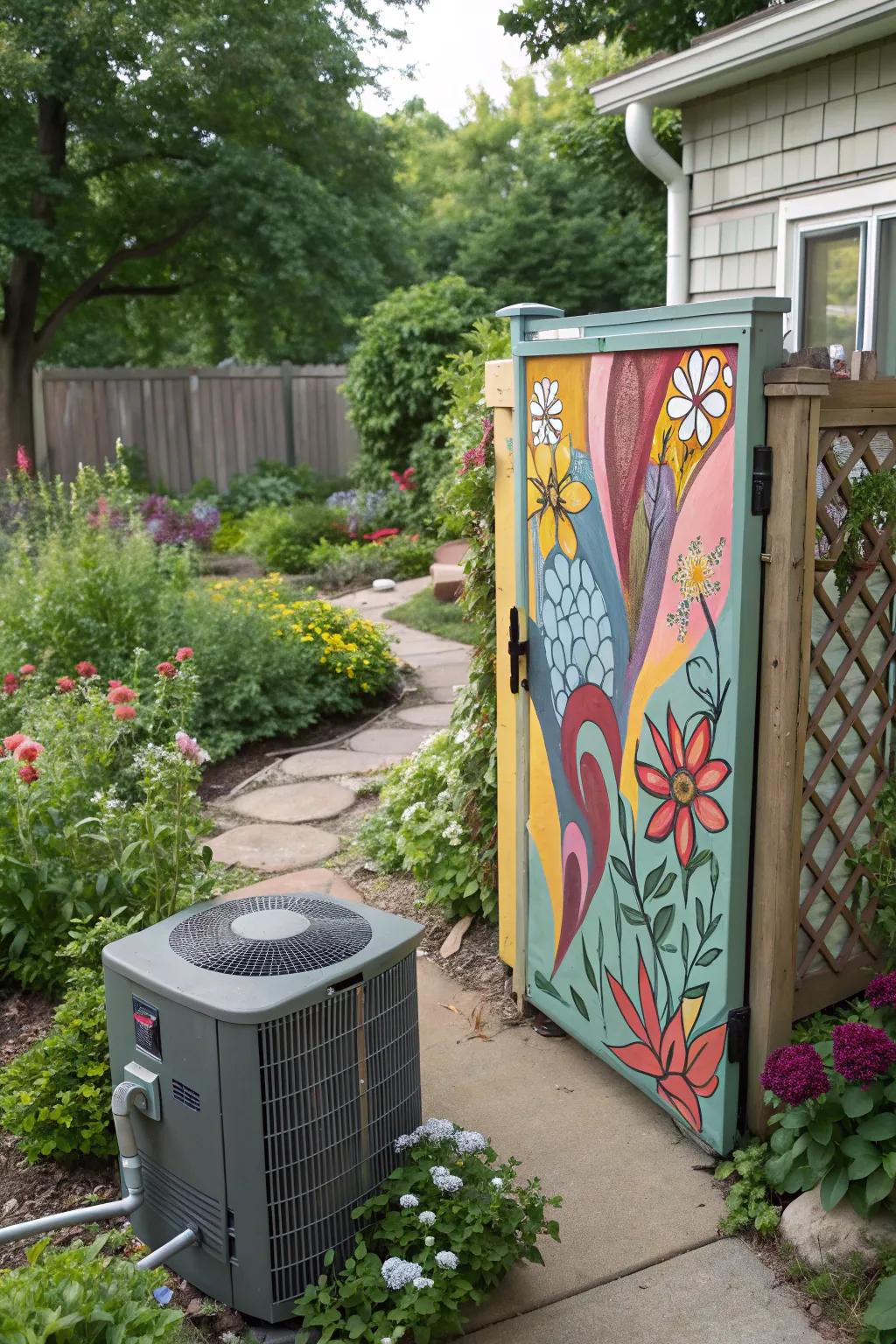 Painted door screens add a splash of color while keeping AC units concealed.