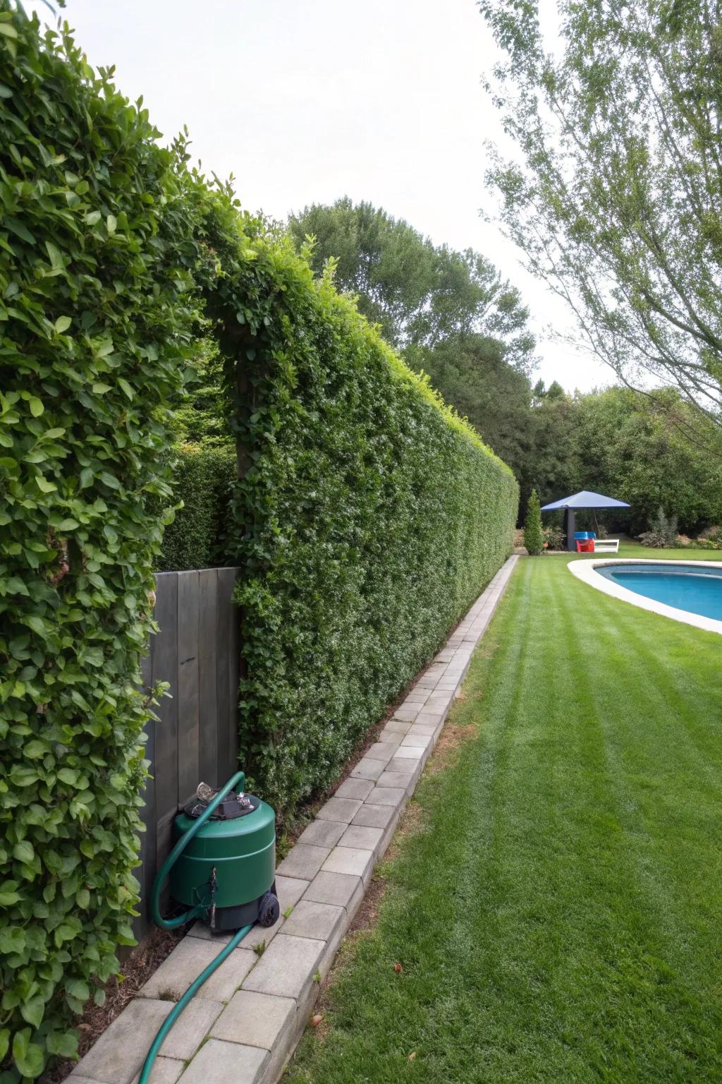 Hedge walls provide natural concealment for pool equipment.