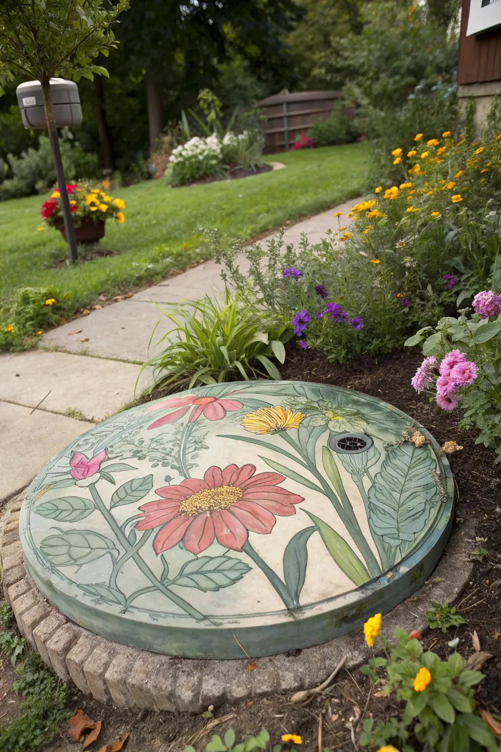 A painted lid can discreetly blend a septic tank riser with its environment.