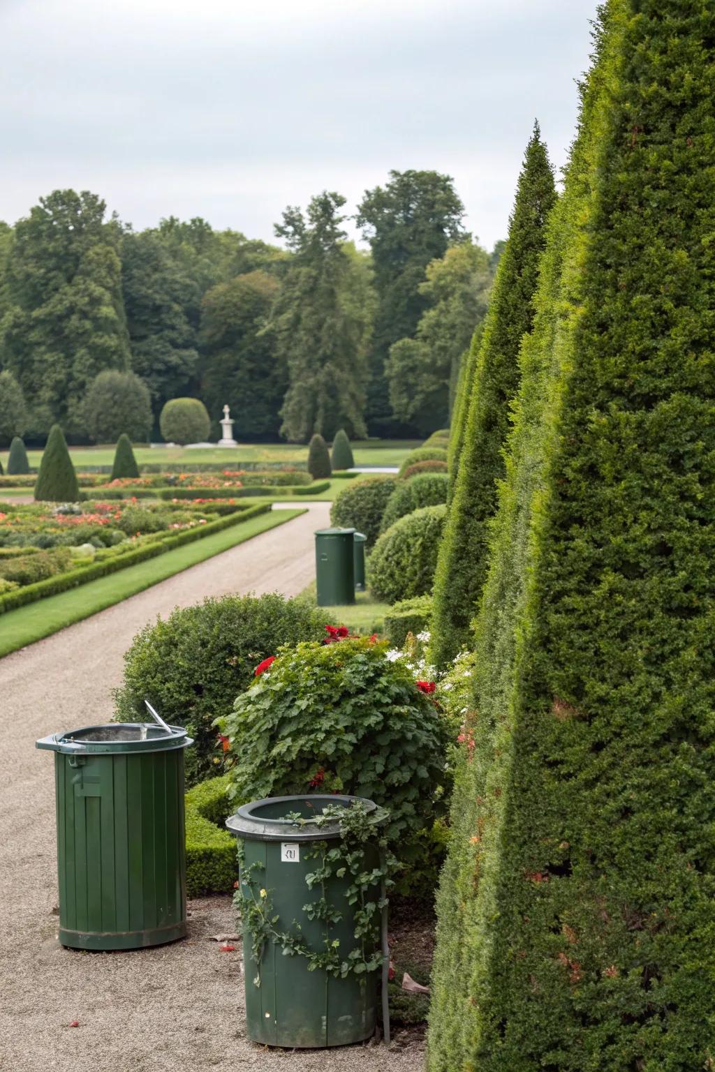 Hedges and landscaping add natural beauty while hiding trash cans.