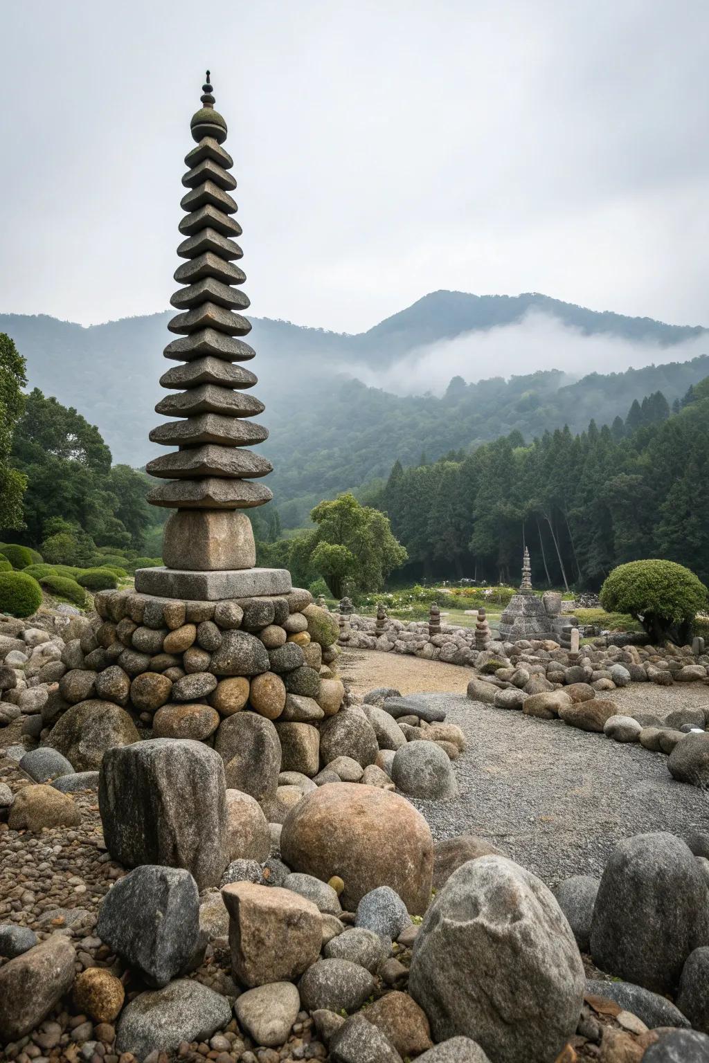 A tall stone tower adds vertical interest to the garden.