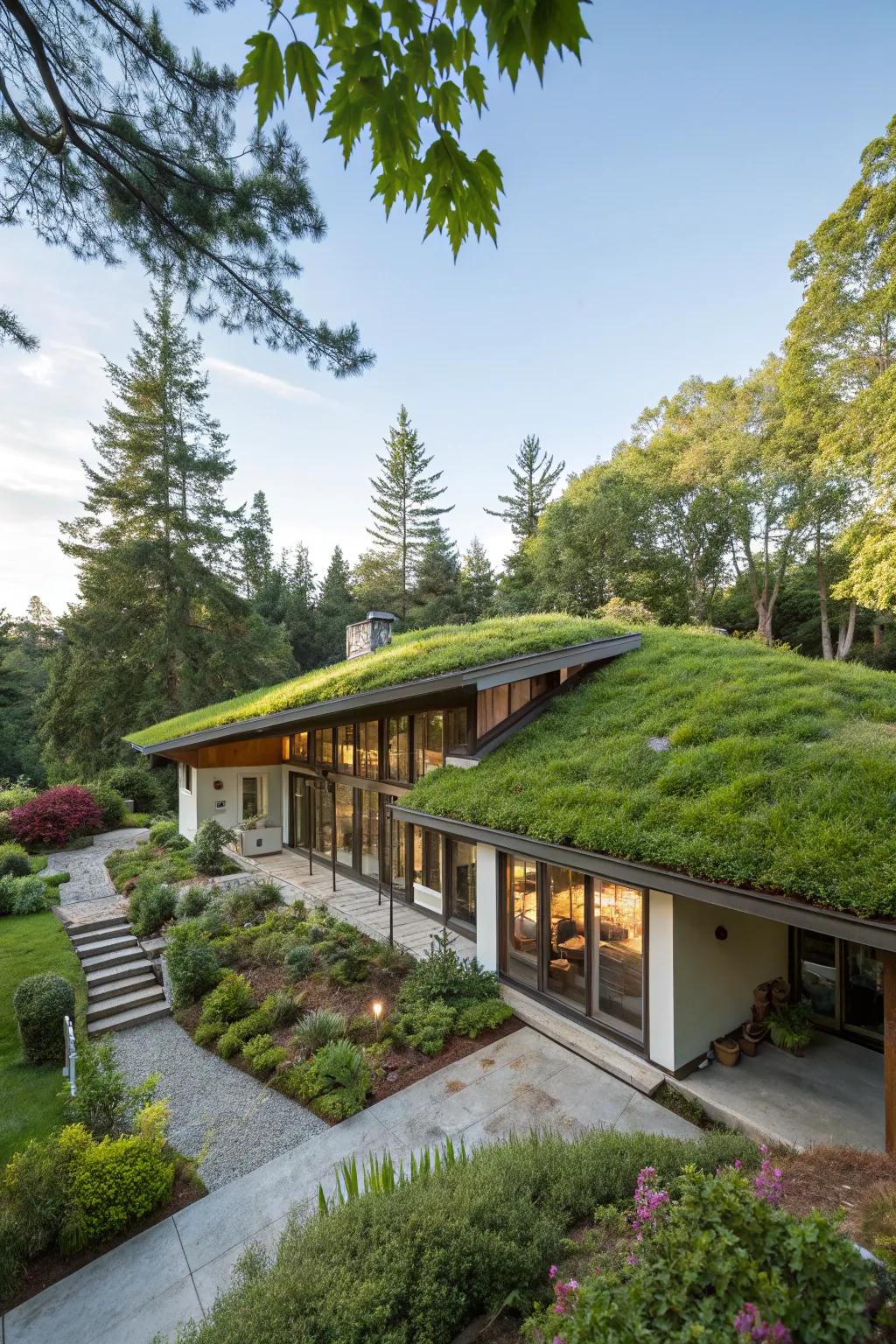 A green roof adds eco-friendliness and beauty to this home.