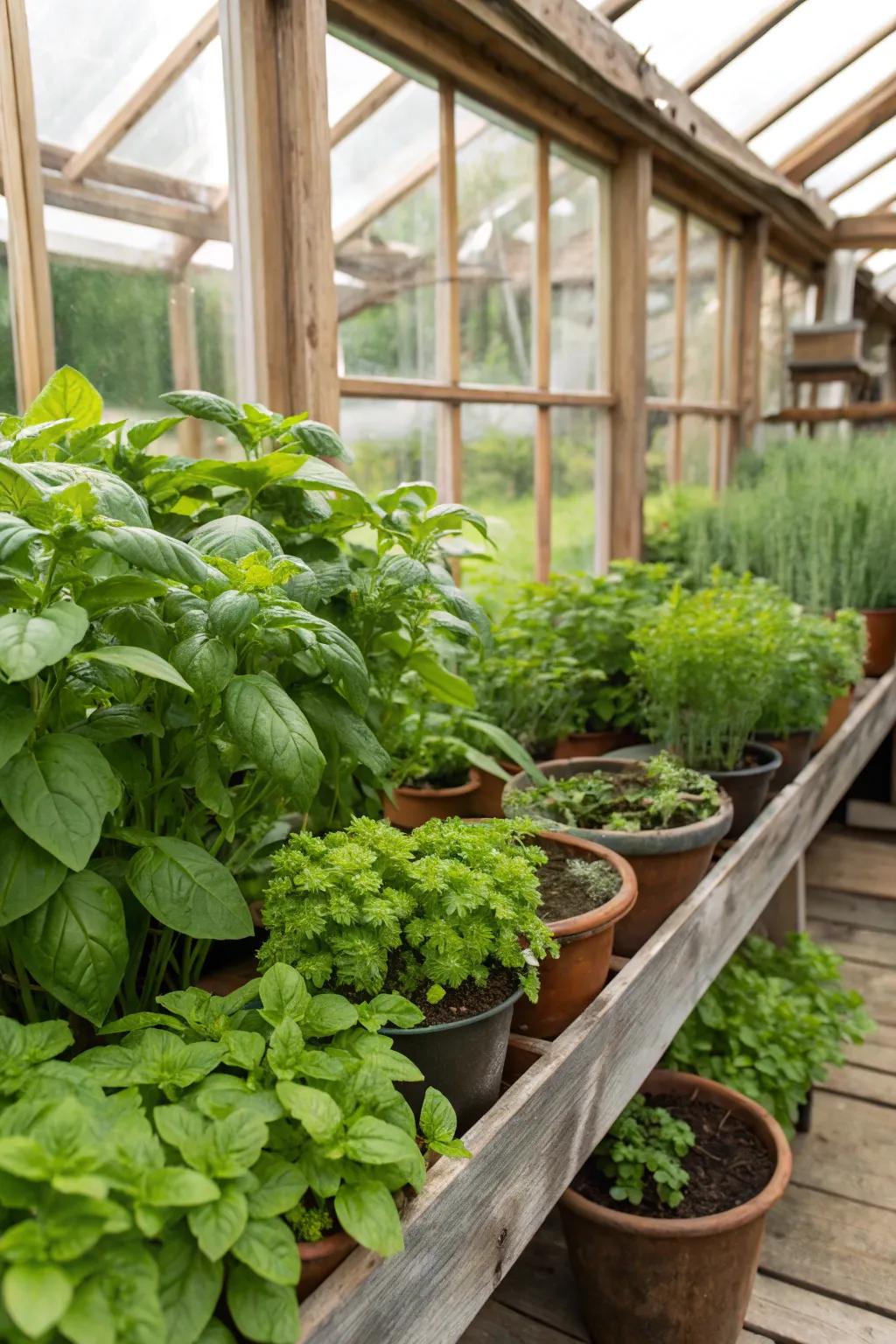 A dedicated herb corner provides fresh flavors throughout winter.